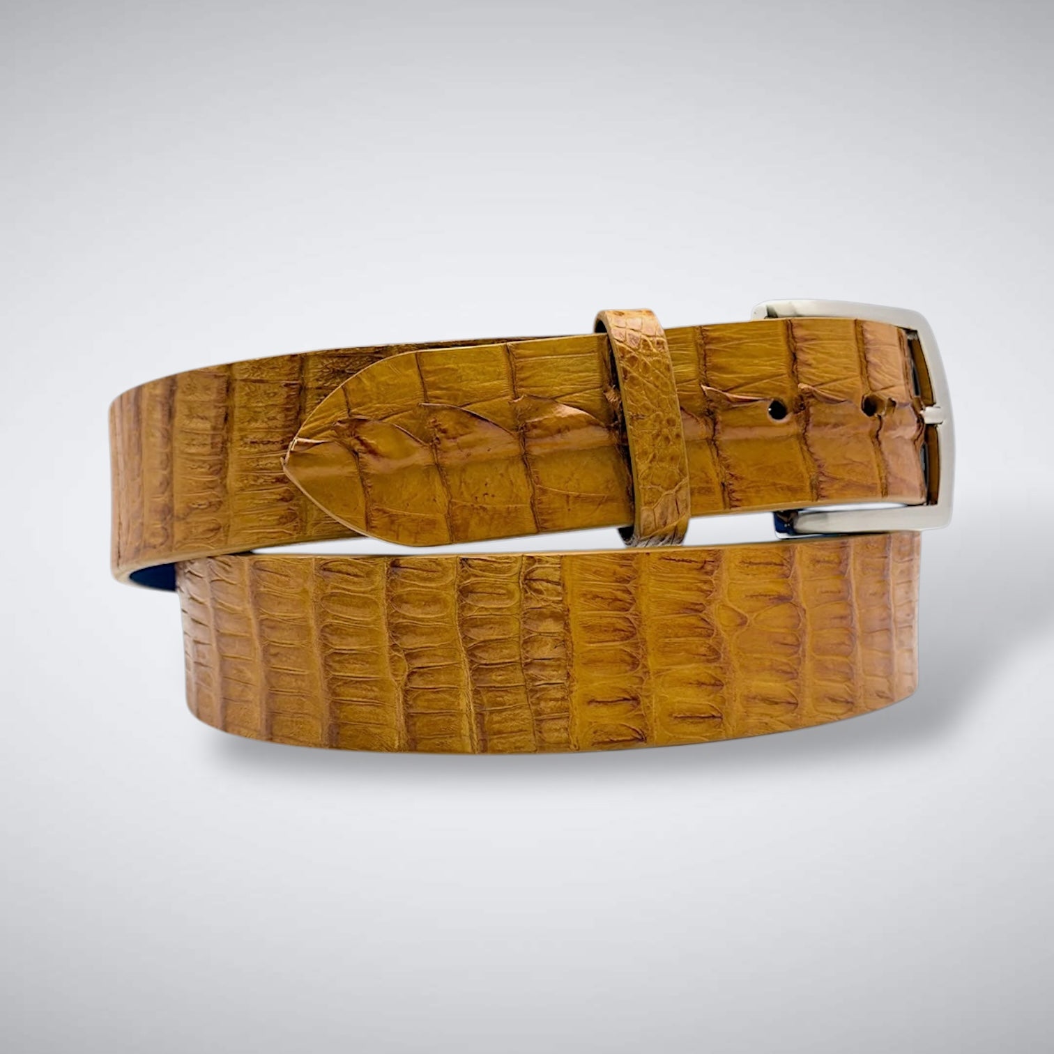 Matte Caiman Hornback with Horn Tips Belt: Antique Saddle