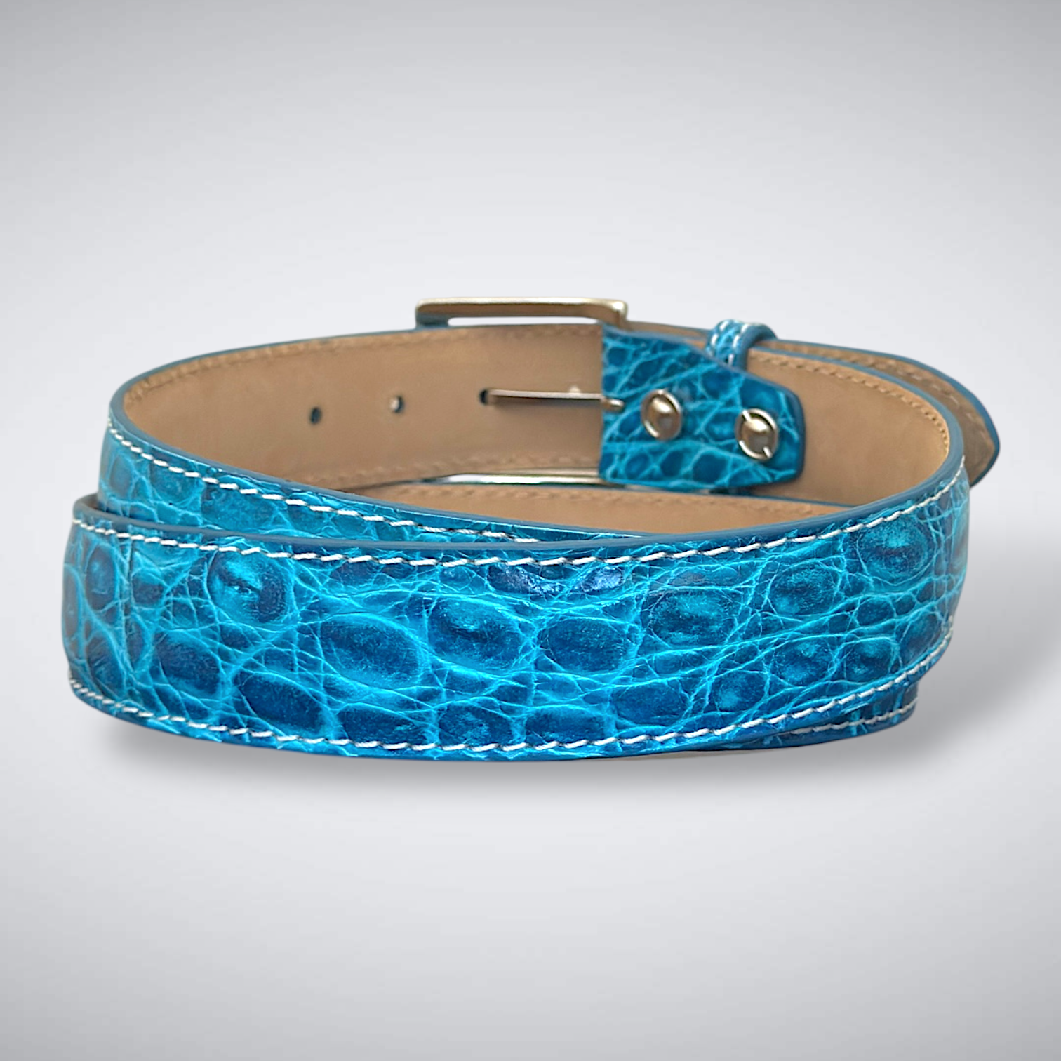 Biscayne – Blue Crocodile Belt with White Stitch