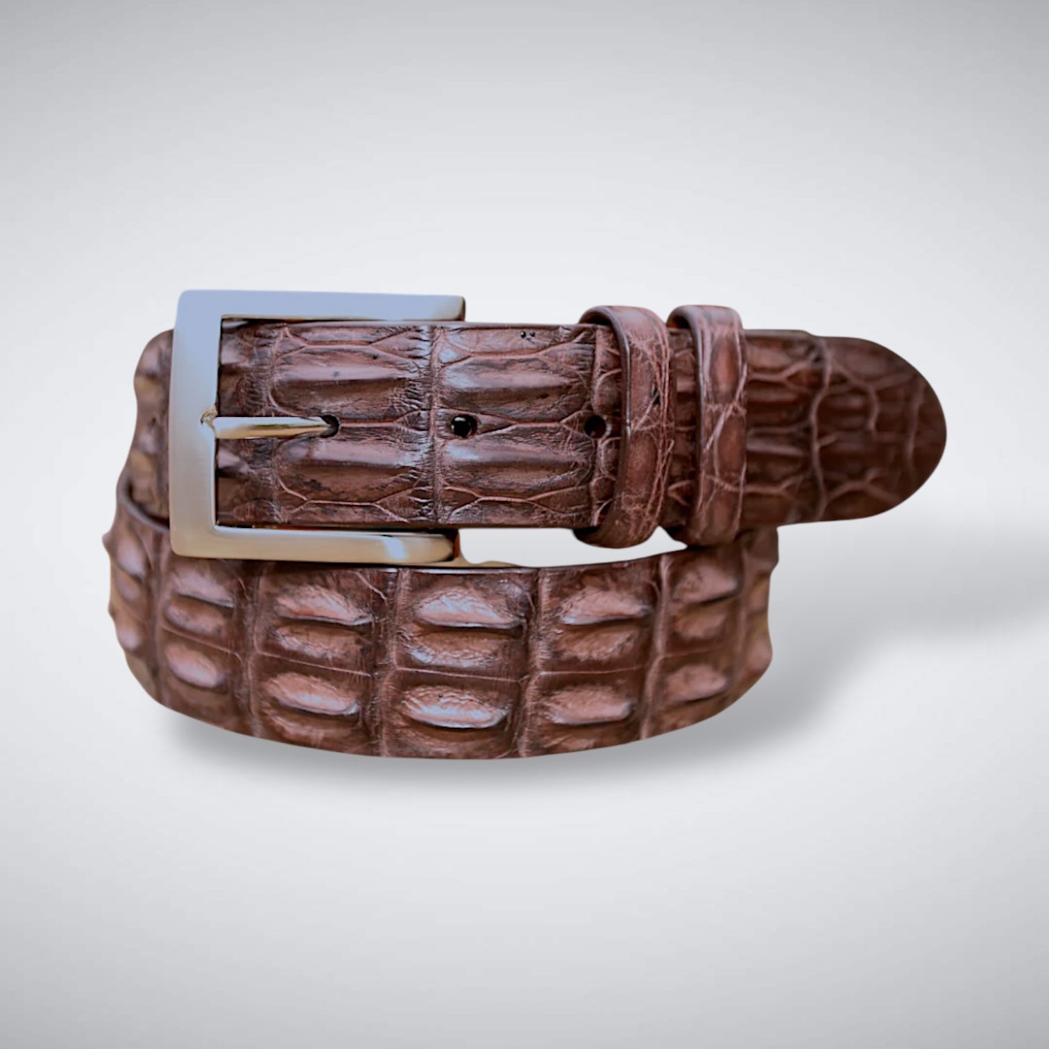 A brown saltwater crocodile belt with a silver buckle, displayed against a plain background.