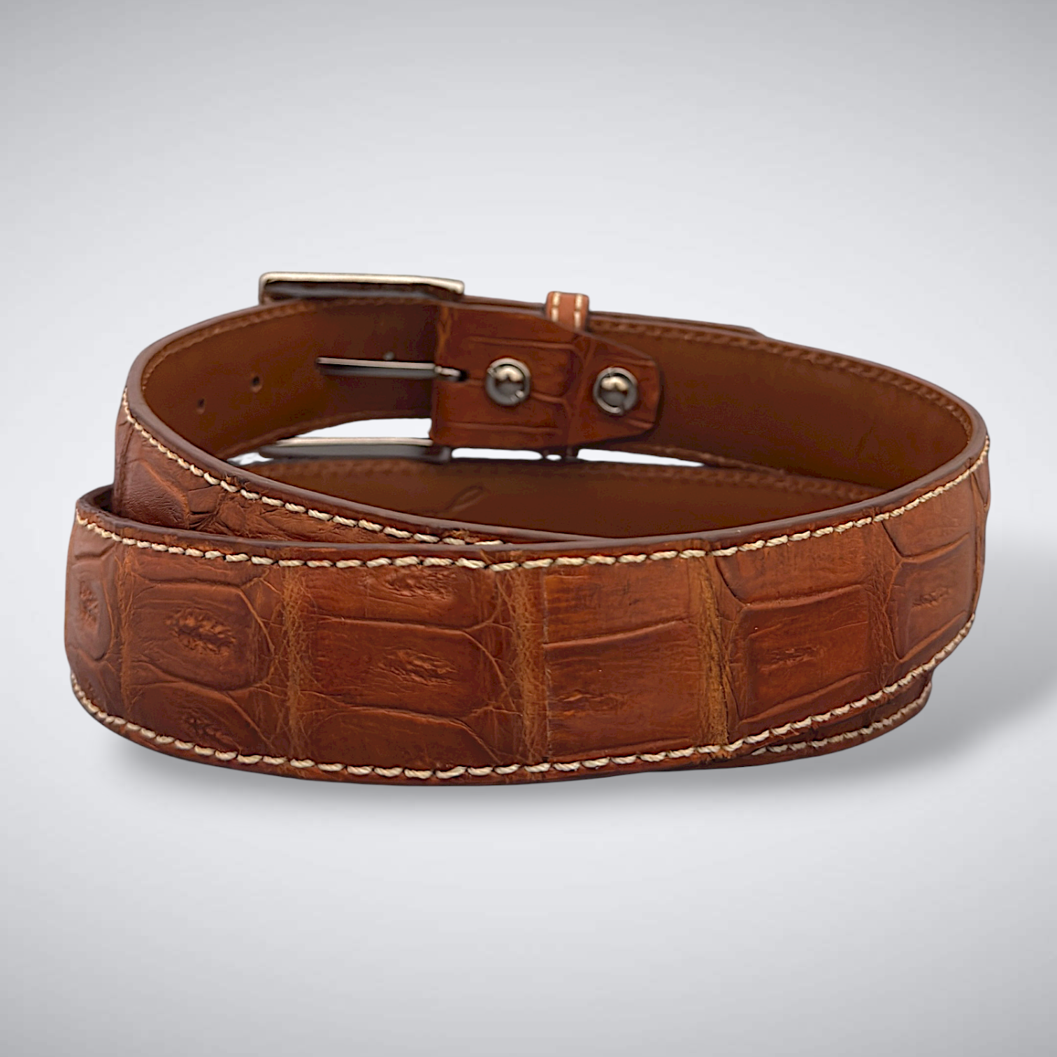 Matte Caiman Tail Belt – Brera (Cognac / Khaki Stitch)