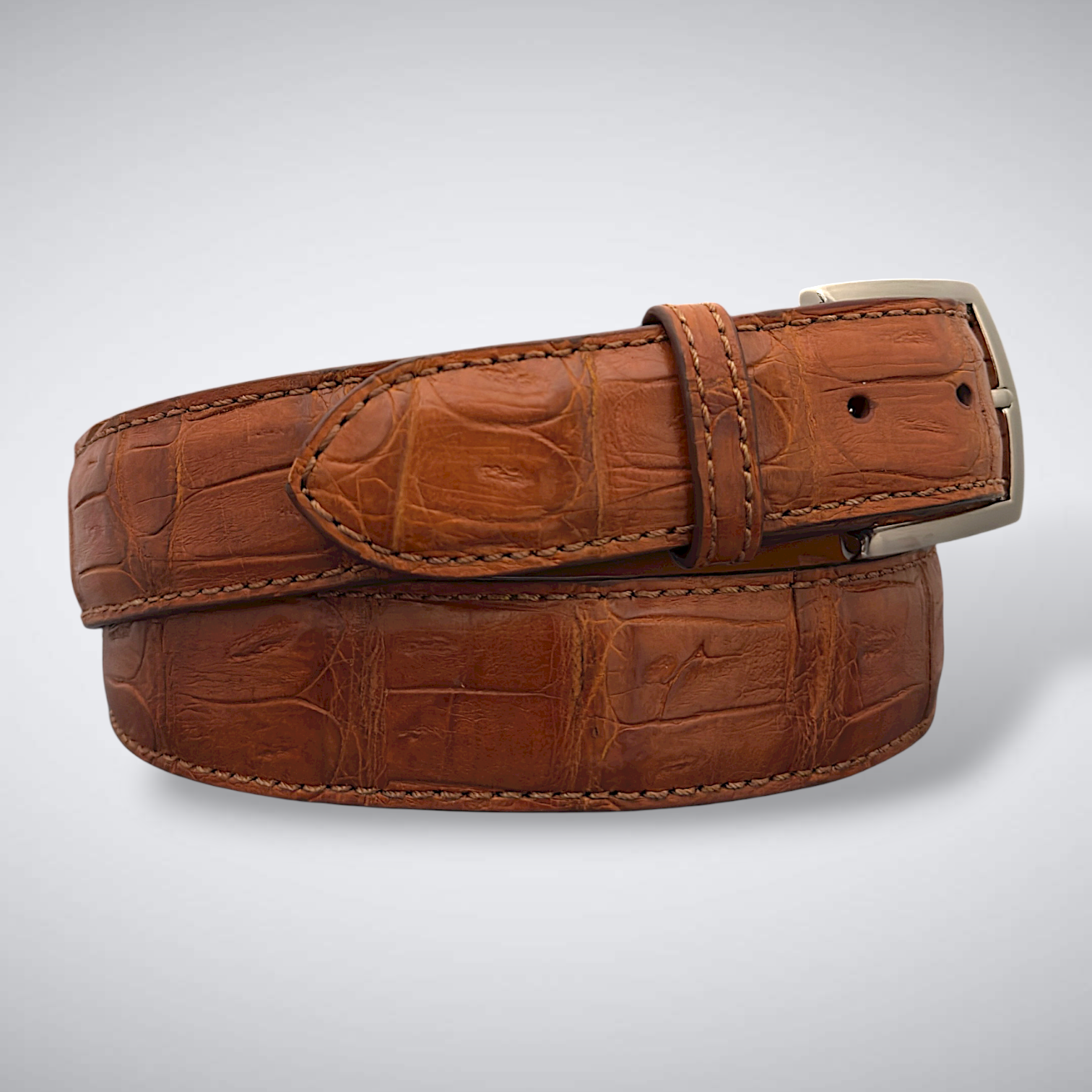 Matte Caiman Tail Belt – Firenze (Cognac / Tonal Stitch)