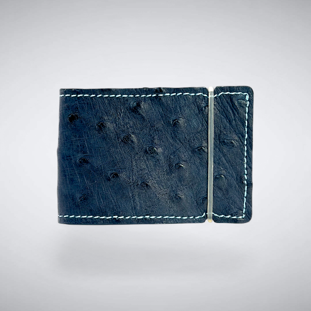 The Daly Cash Cover — Navy Ostrich Quill with Sky Blue Stitch
