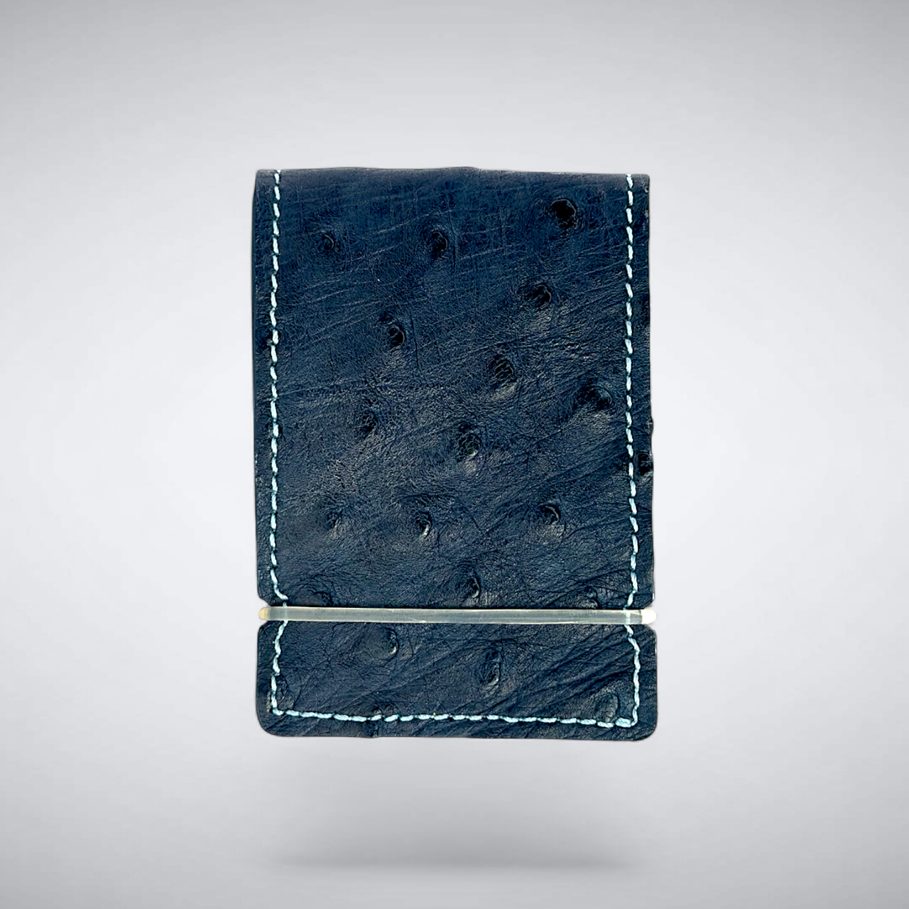 The Daly Cash Cover — Navy Ostrich Quill with Sky Blue Stitch