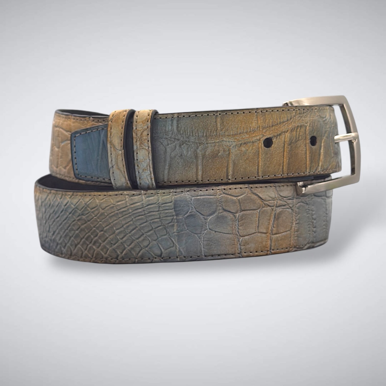 Ready To Ship Alligator Belt: Dune Smoke With Hand Dyed Chèvre Liner