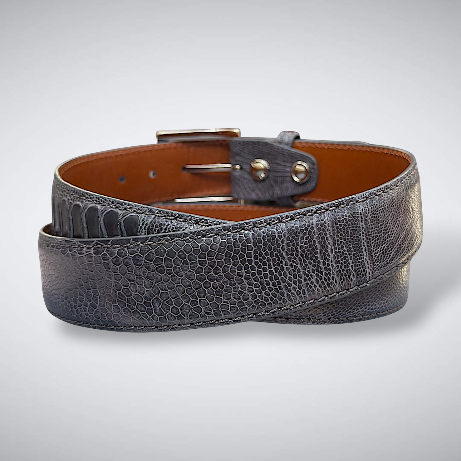Fade to Black Ostrich Shin Belt (Dark Grey Tonal Stitch)