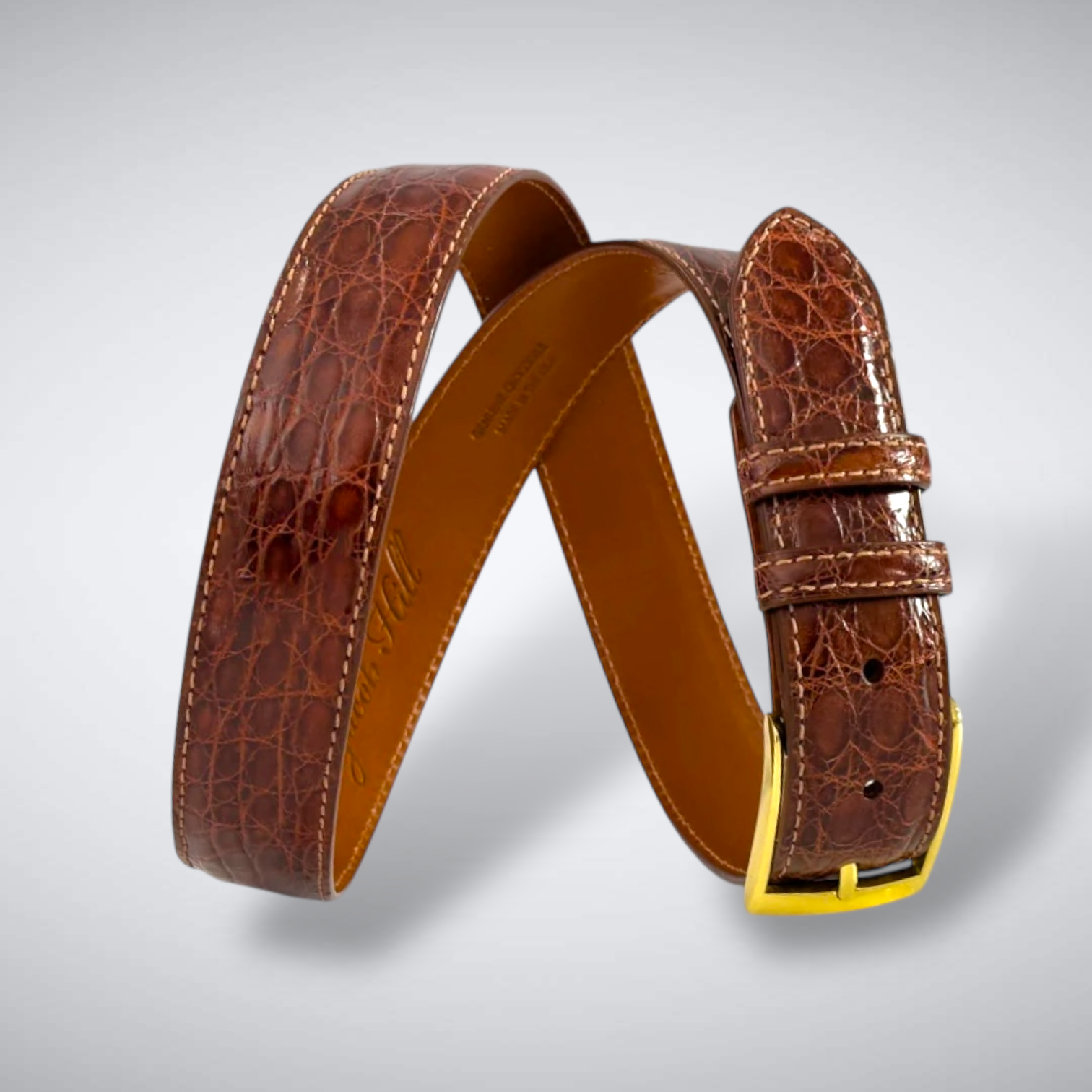 Glazed Argentine Caiman Flank Belt Dark Cognac
