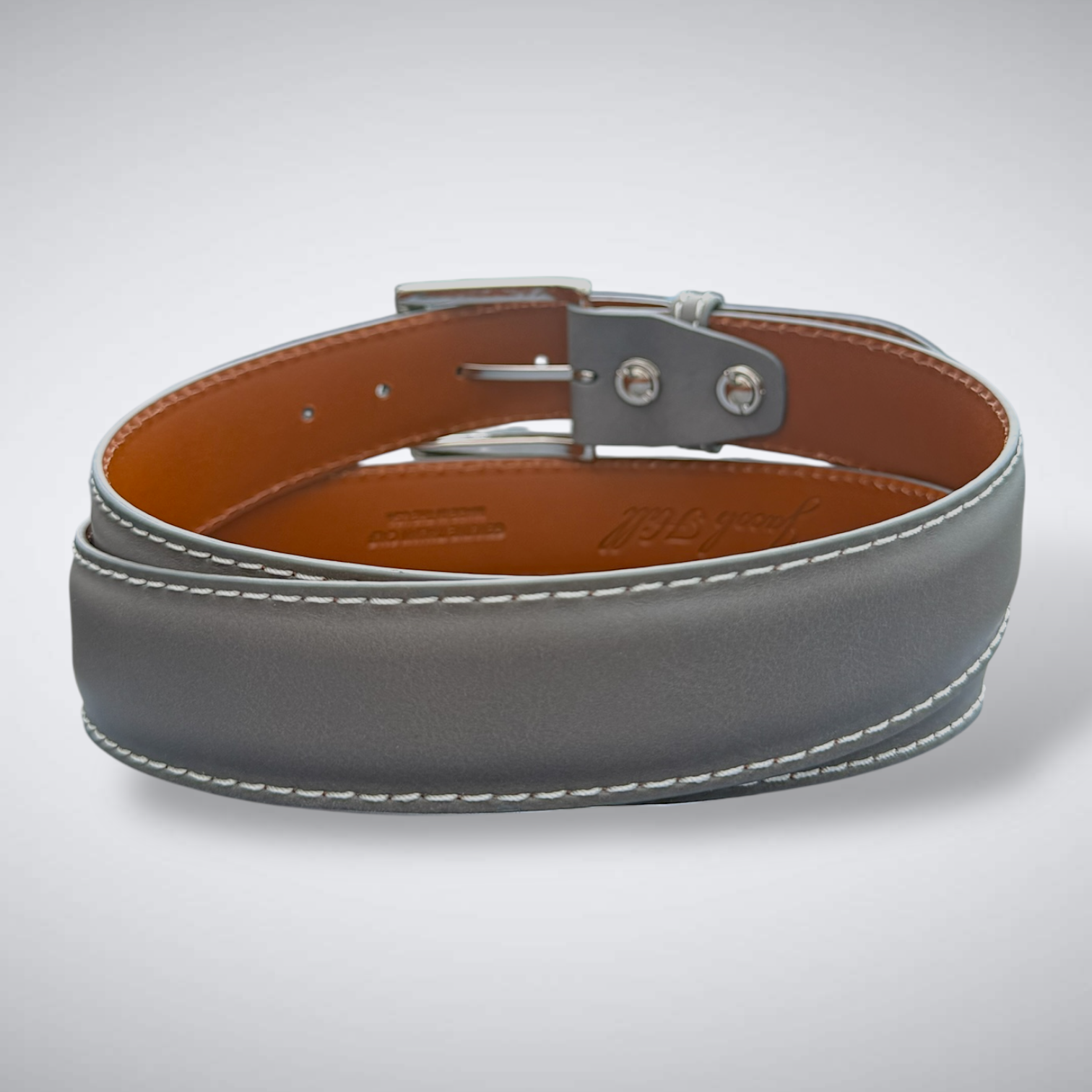 Ready To Ship Italian Calf Belt: Ironwood Vale (Grey With White Stitch 1.5 Width)