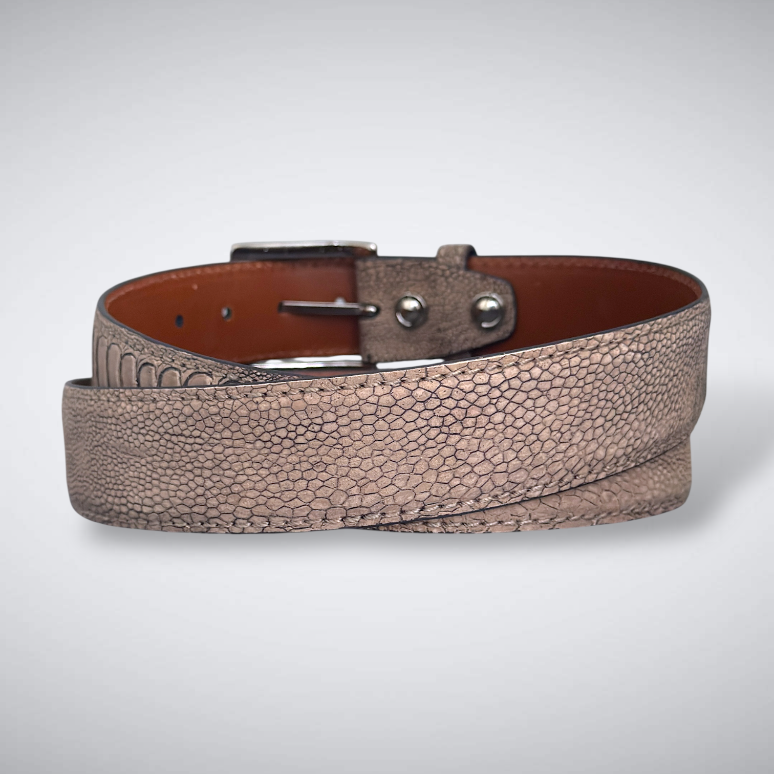 Here Comes the Sun Ostrich Shin Belt (Tan Suede, Tonal Stitch)