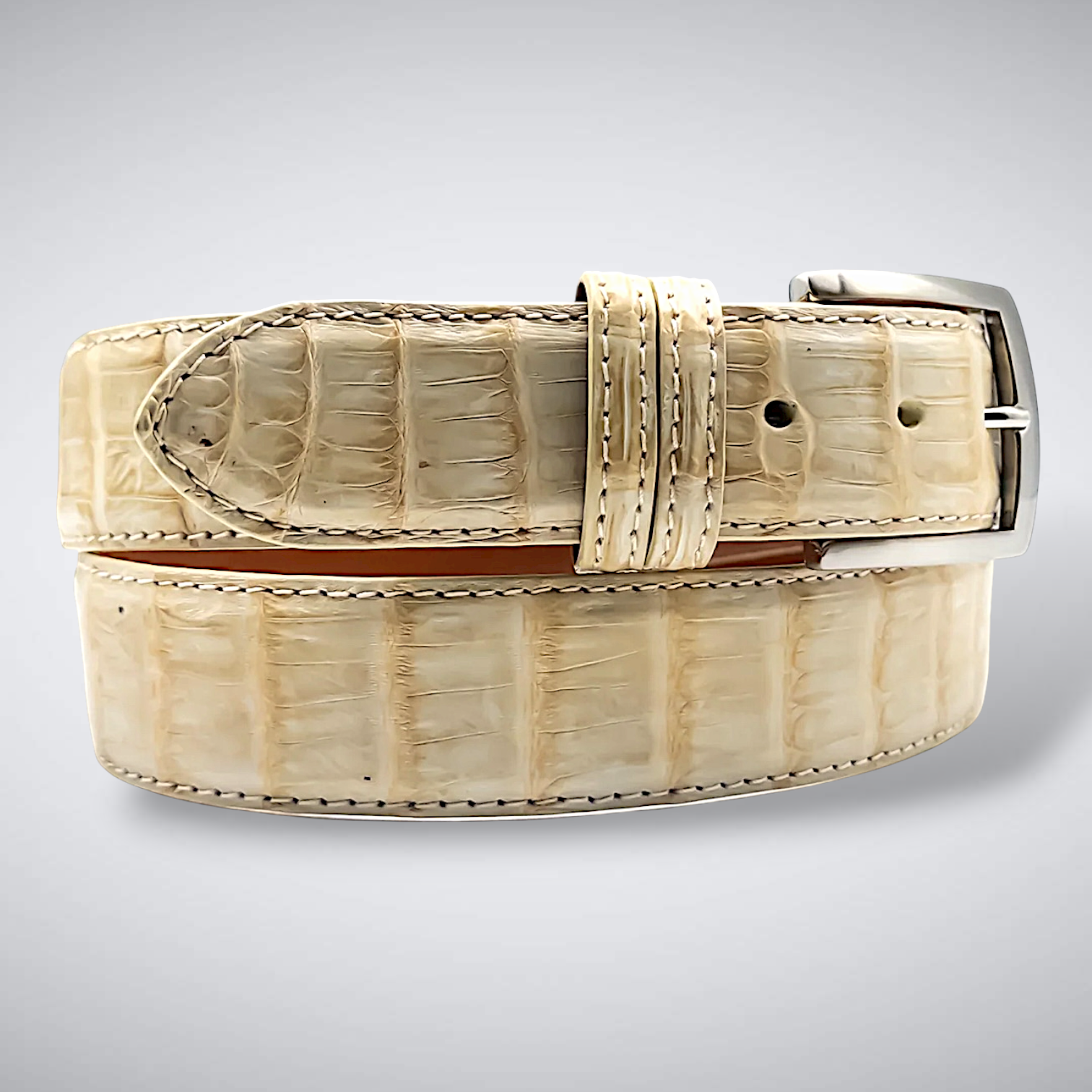 Matte Caiman Tail Belt – Capucine (Ivory / Tonal Stitch)