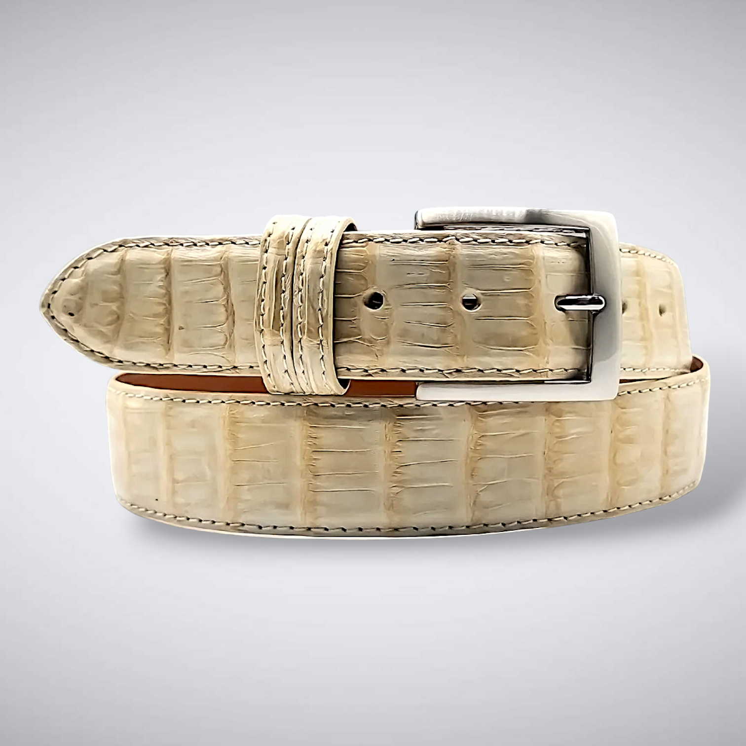 Matte Caiman Tail Belt – Capucine (Ivory / Tonal Stitch)
