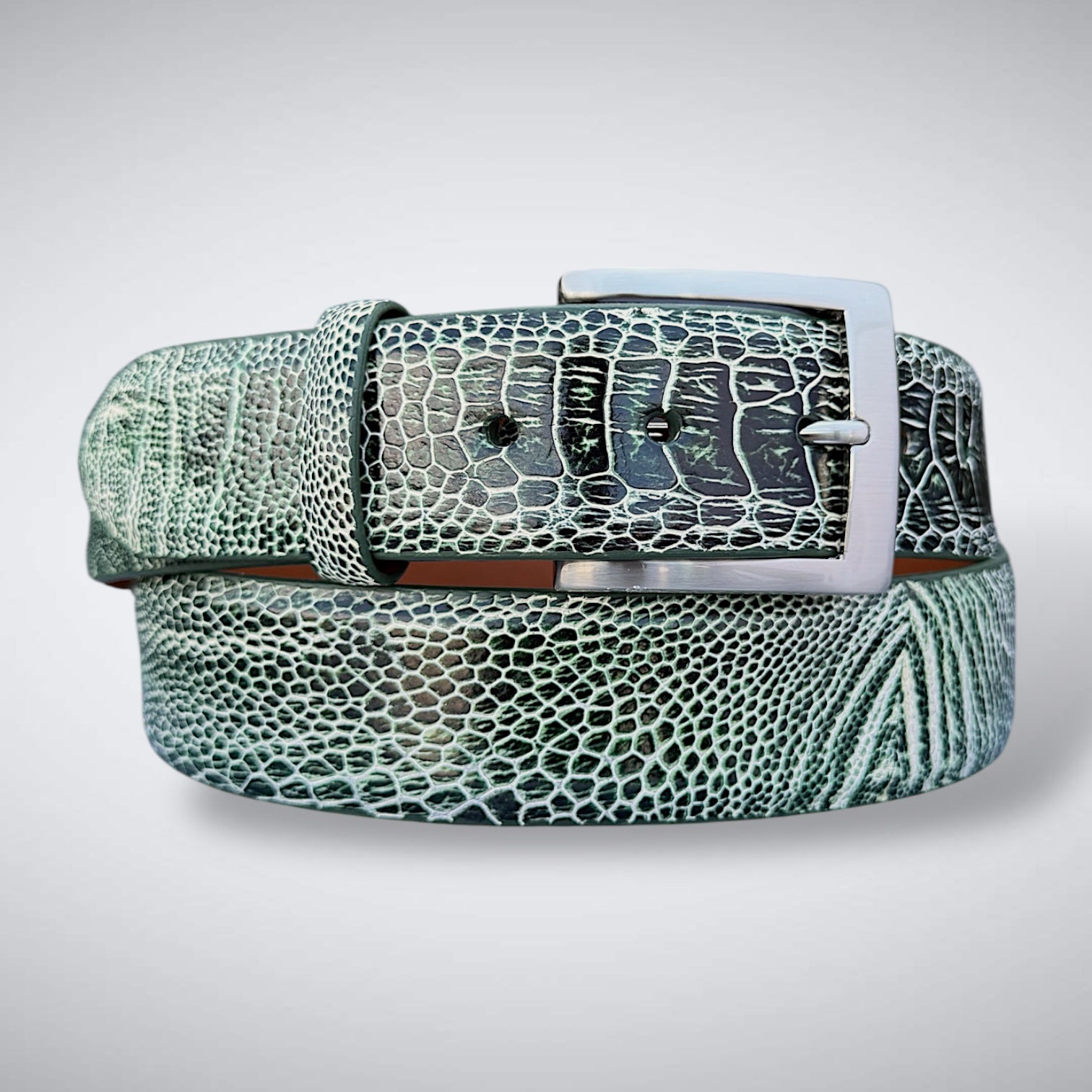 Ready To Ship Ostrich Shin Belt: Moss Creek (Width 1.5")