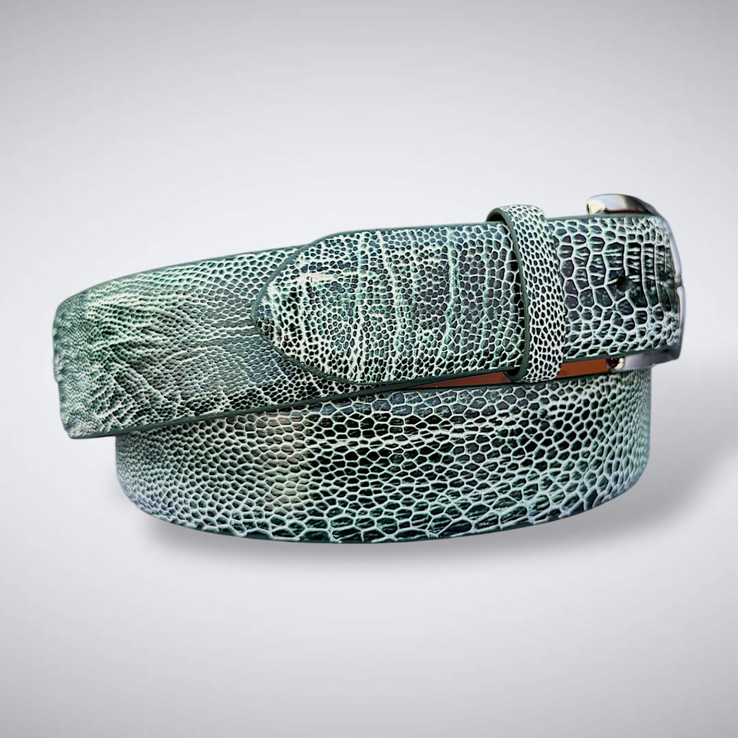 Ready To Ship Ostrich Shin Belt: Moss Creek (Width 1.5")