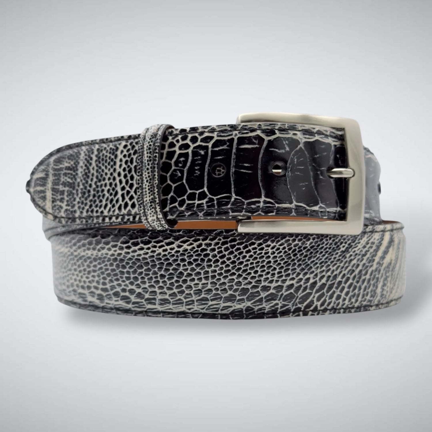 Dancing in the Moonlight Ostrich Shin Belt (Black & White Two Tone)