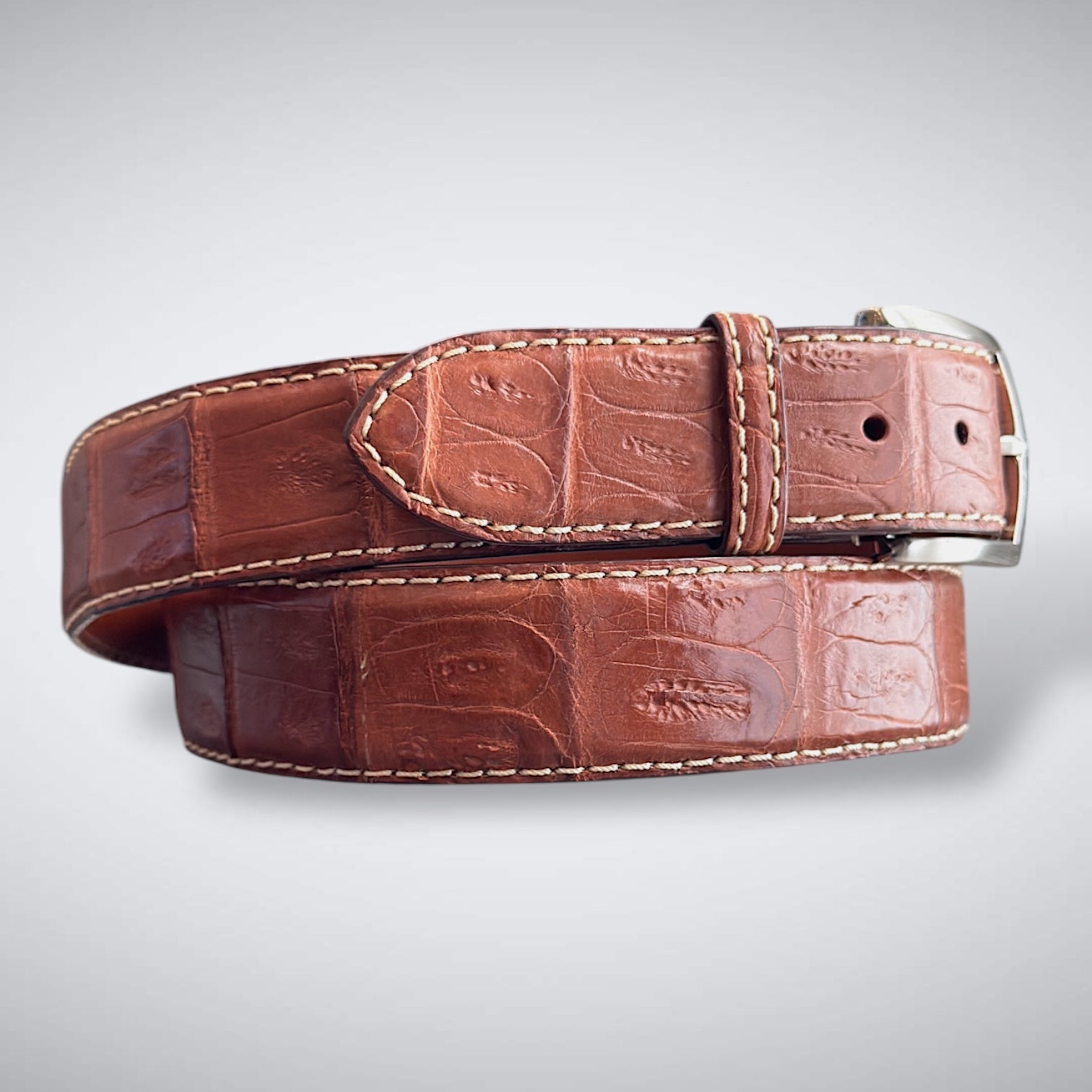 Matte Caiman Tail Belt – Brera (Cognac / Khaki Stitch)