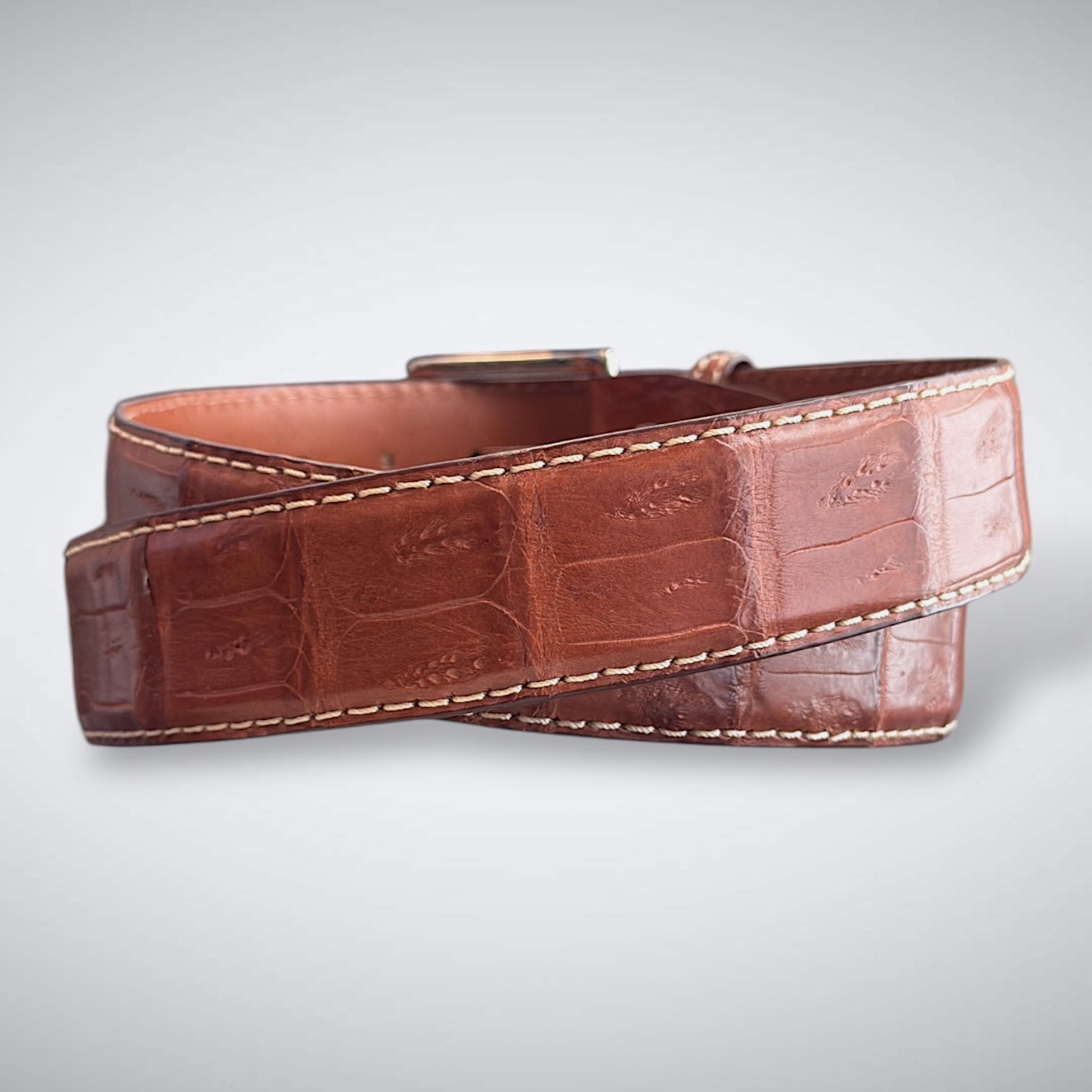 Matte Caiman Tail Belt – Brera (Cognac / Khaki Stitch)