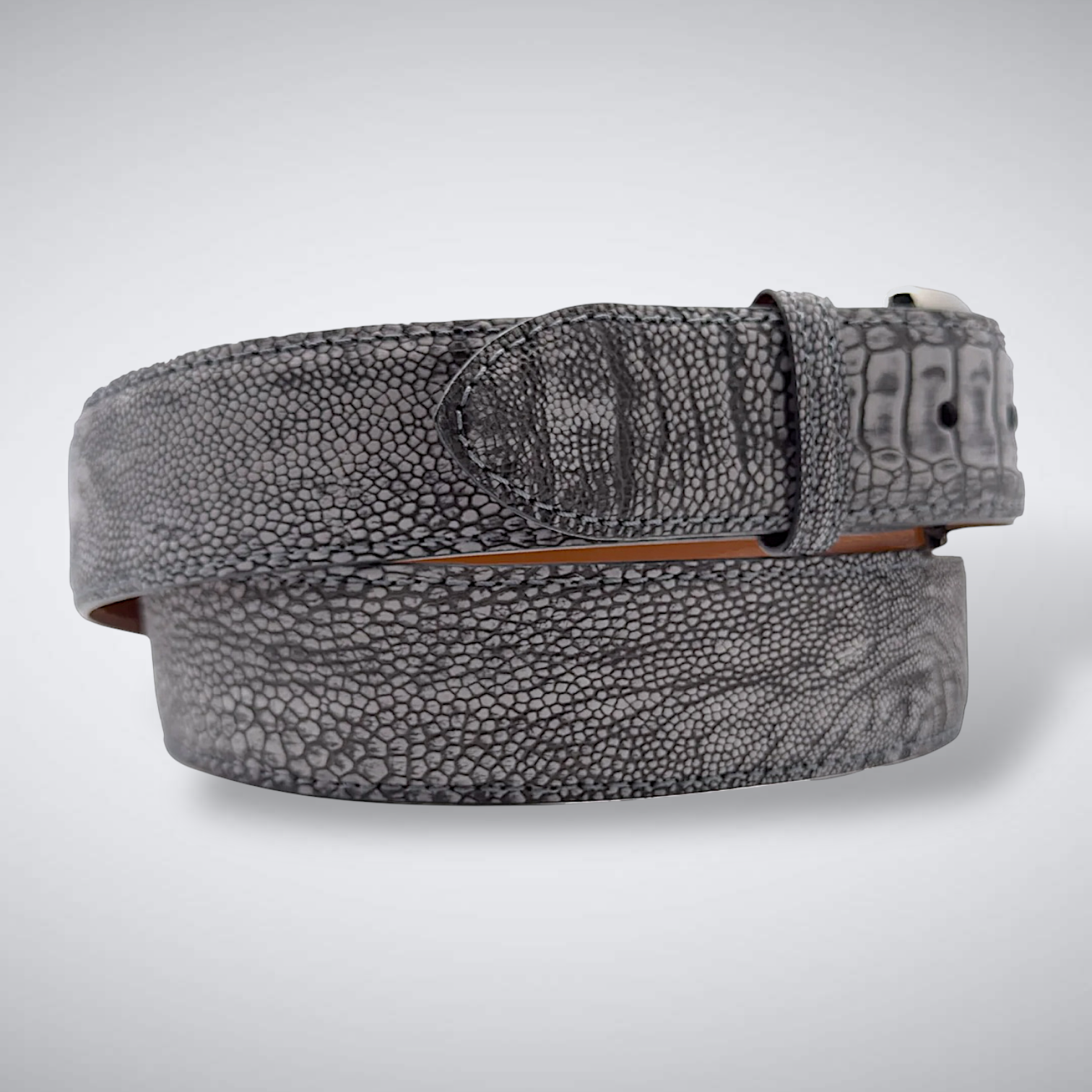 Smoke on the Water Ostrich Shin Belt (Grey Suede, Tonal Stitch)