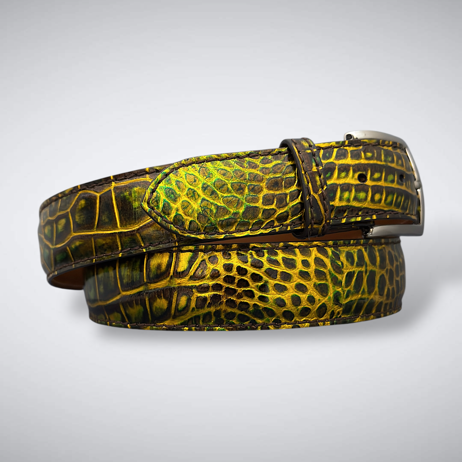 Amen Verde – Matte Alligator Belt (Green/Gold Metallic)