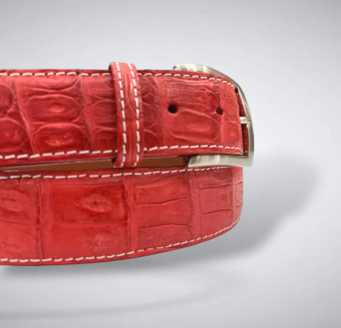 Matte Caiman Tail Belt – Valencia (Red / White Stitch)