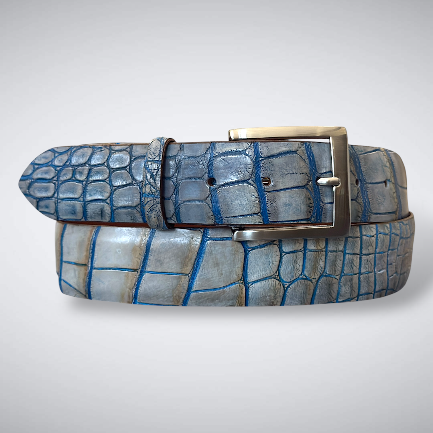Sea Island Alligator Belt – Single Piece (Matte White Grey Blue)