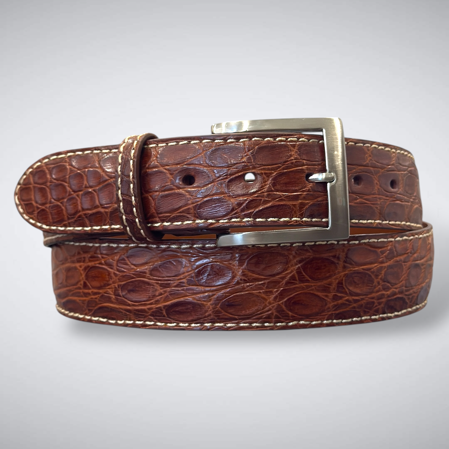 Sinatra Crocodile Flank Belt (Cognac Khaki Stitch)