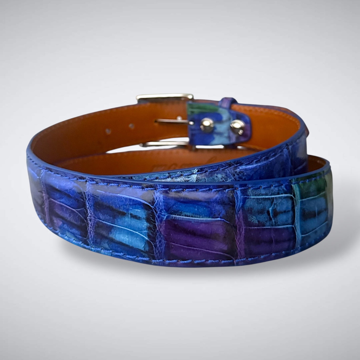 Ready to Ship Hand- Painted Crocodile Belt: Stained Glass 25 (Cobalt Stitch 1.5W)