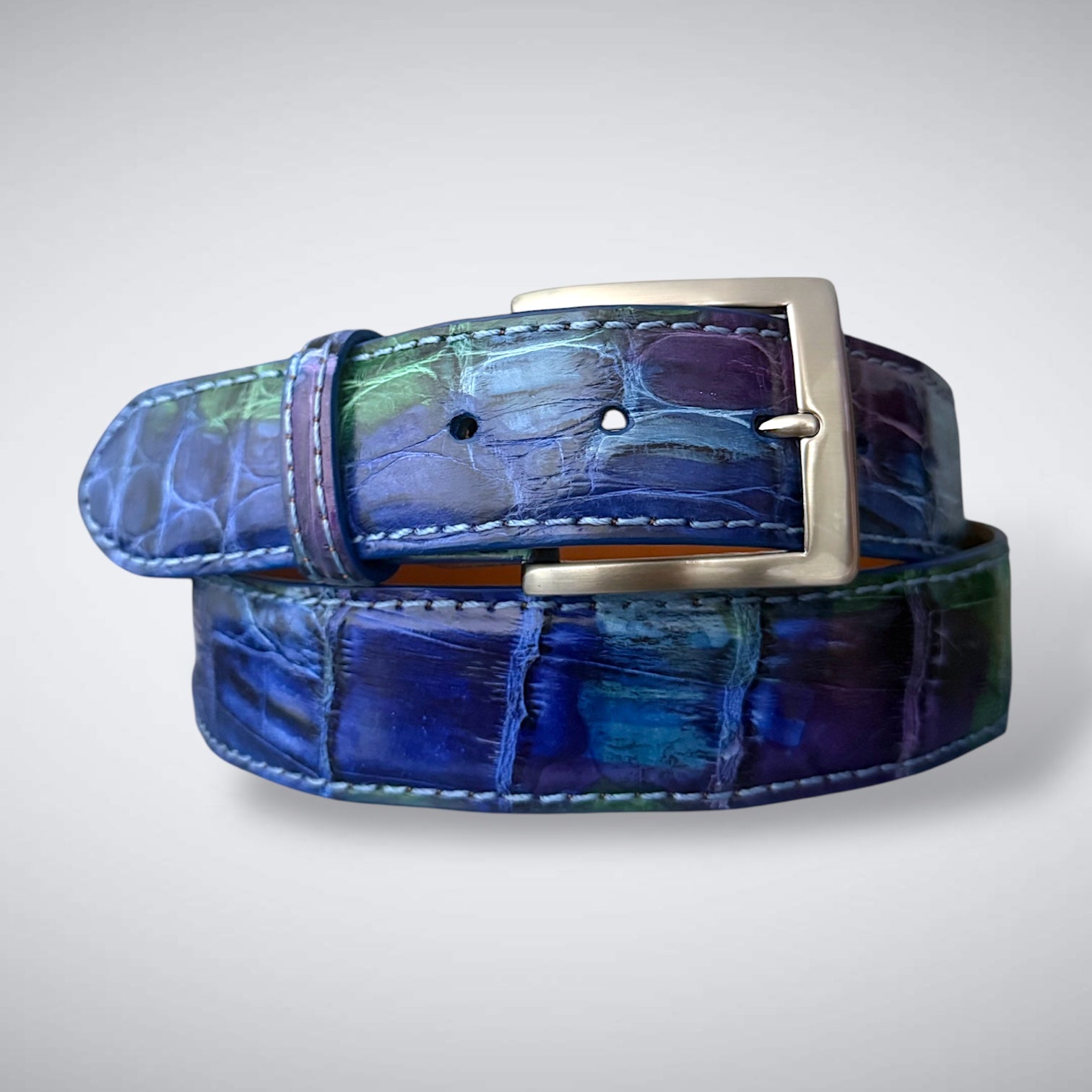 Ready to Ship Hand- Painted Crocodile Belt: Stained Glass 25 (Sky Blue Stitch 1.5W)
