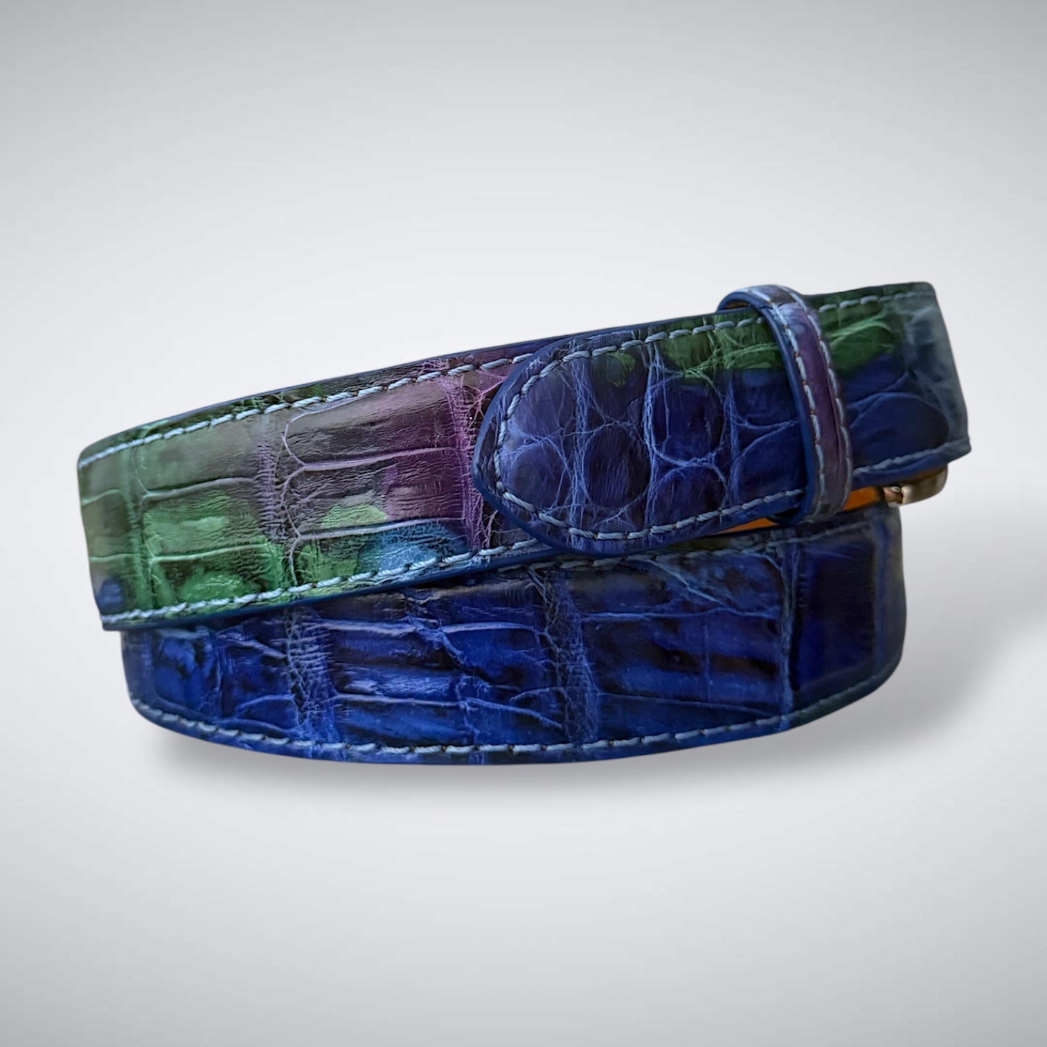 Ready to Ship Hand- Painted Crocodile Belt: Stained Glass 25 (Sky Blue Stitch 1.5W)