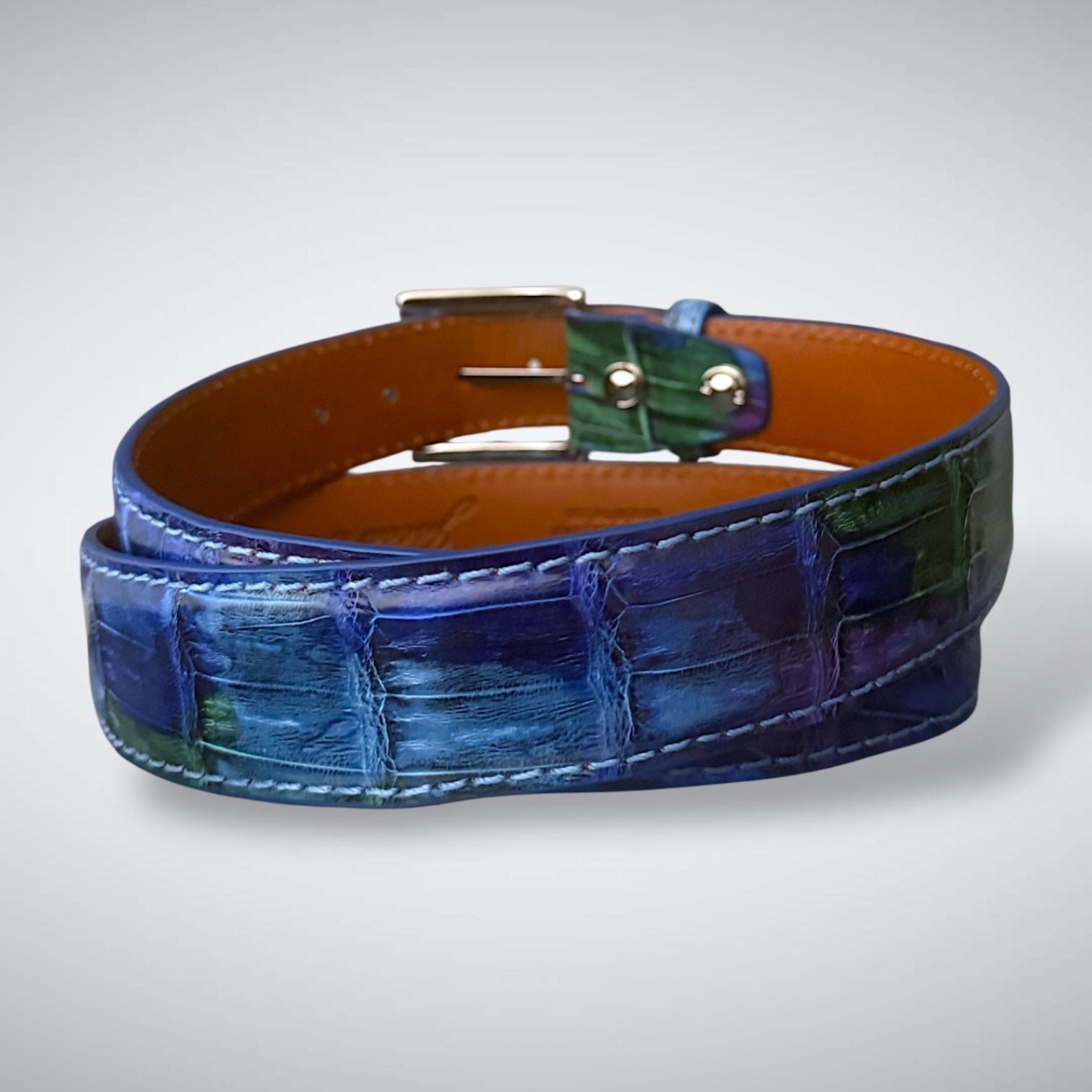 Ready to Ship Hand- Painted Crocodile Belt: Stained Glass 25 (Sky Blue Stitch 1.5W)