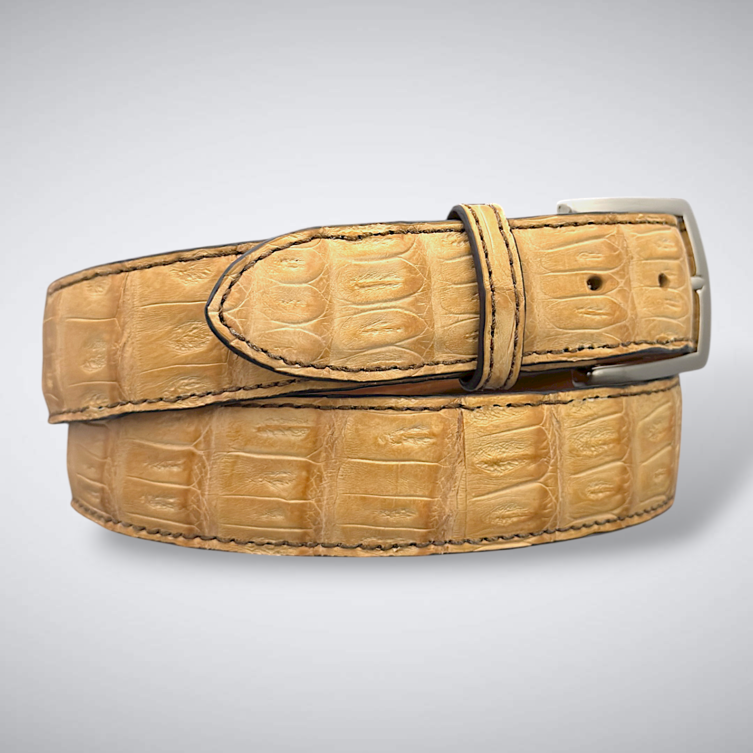 Matte Caiman Tail Belt – Toscana (Tan / Brown Stitch)