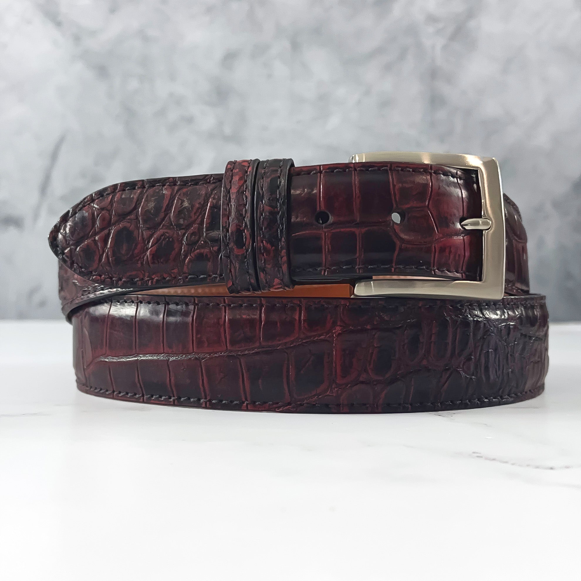 Hand-Dyed Single-Piece American Alligator Belt: Black Cherry