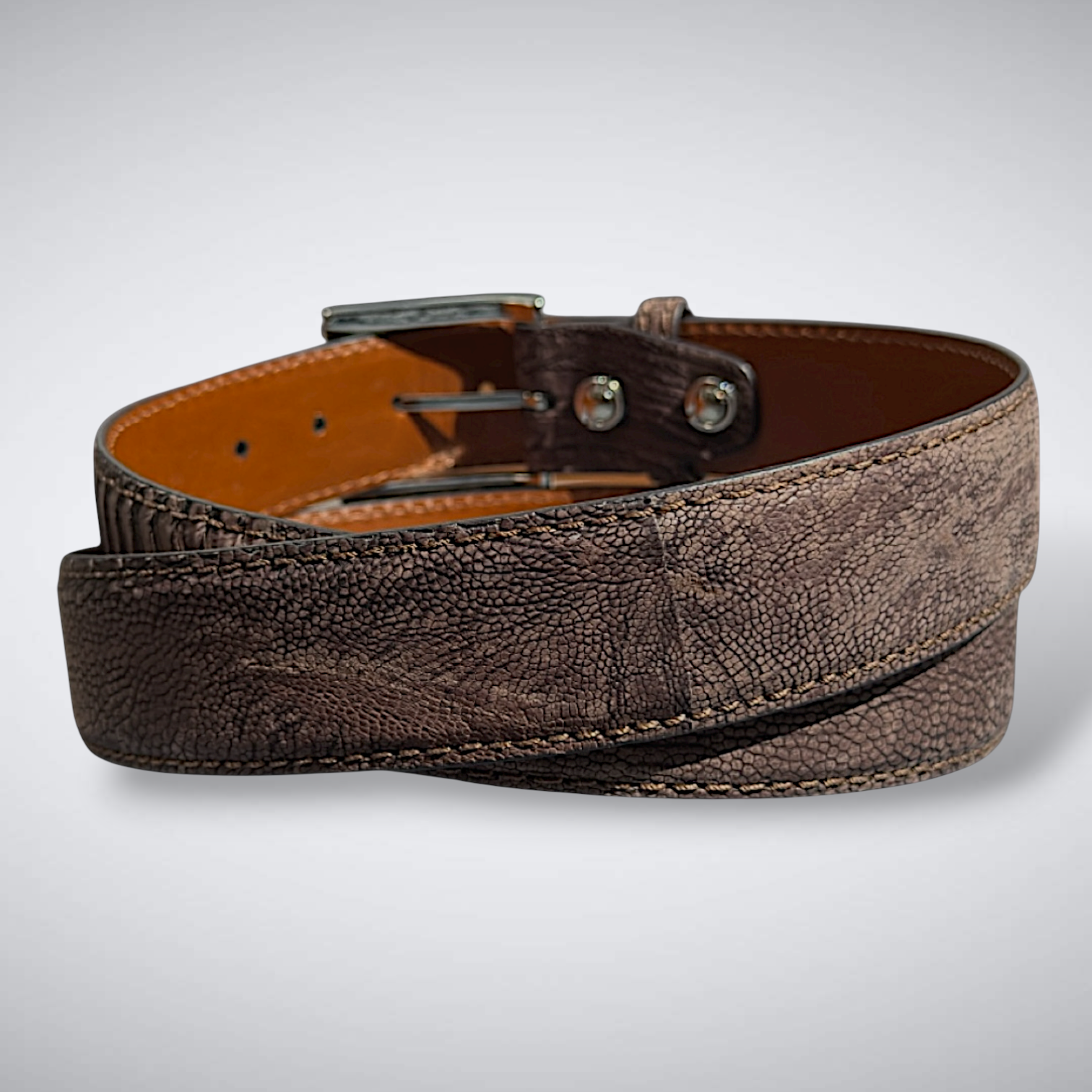 Brown Eyed Girl Ostrich Shin Belt (Brown Suede, Khaki Stitch)