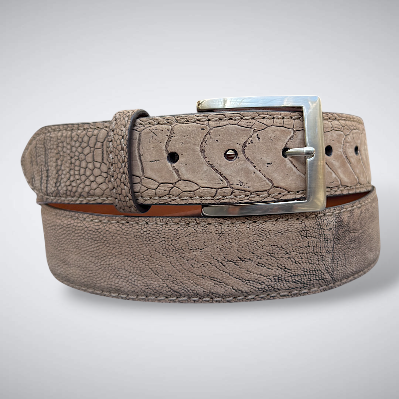 Here Comes the Sun Ostrich Shin Belt (Tan Suede, Tonal Stitch)