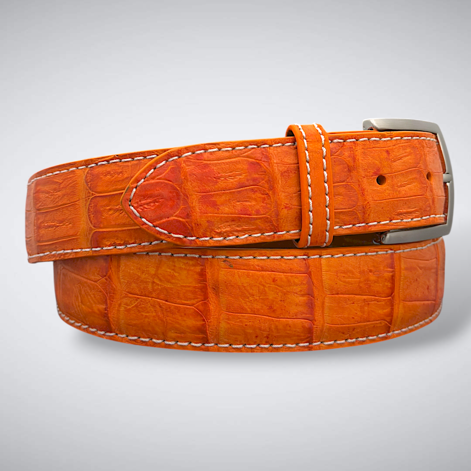 Matte Caiman Tail Belt – Marseille (Orange / White Stitch)
