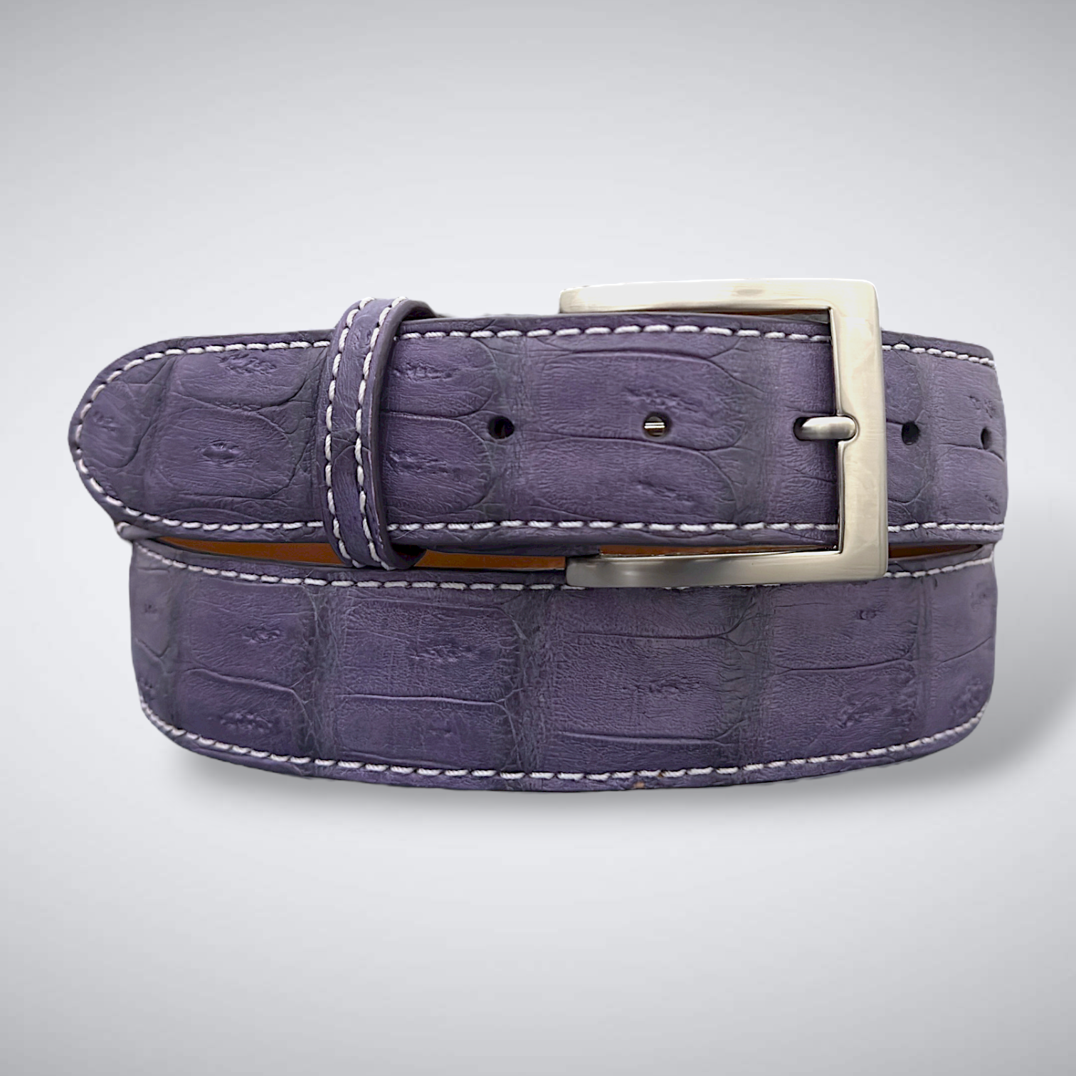 Matte Caiman Tail Belt – Louvre (Purple / White Stitch)