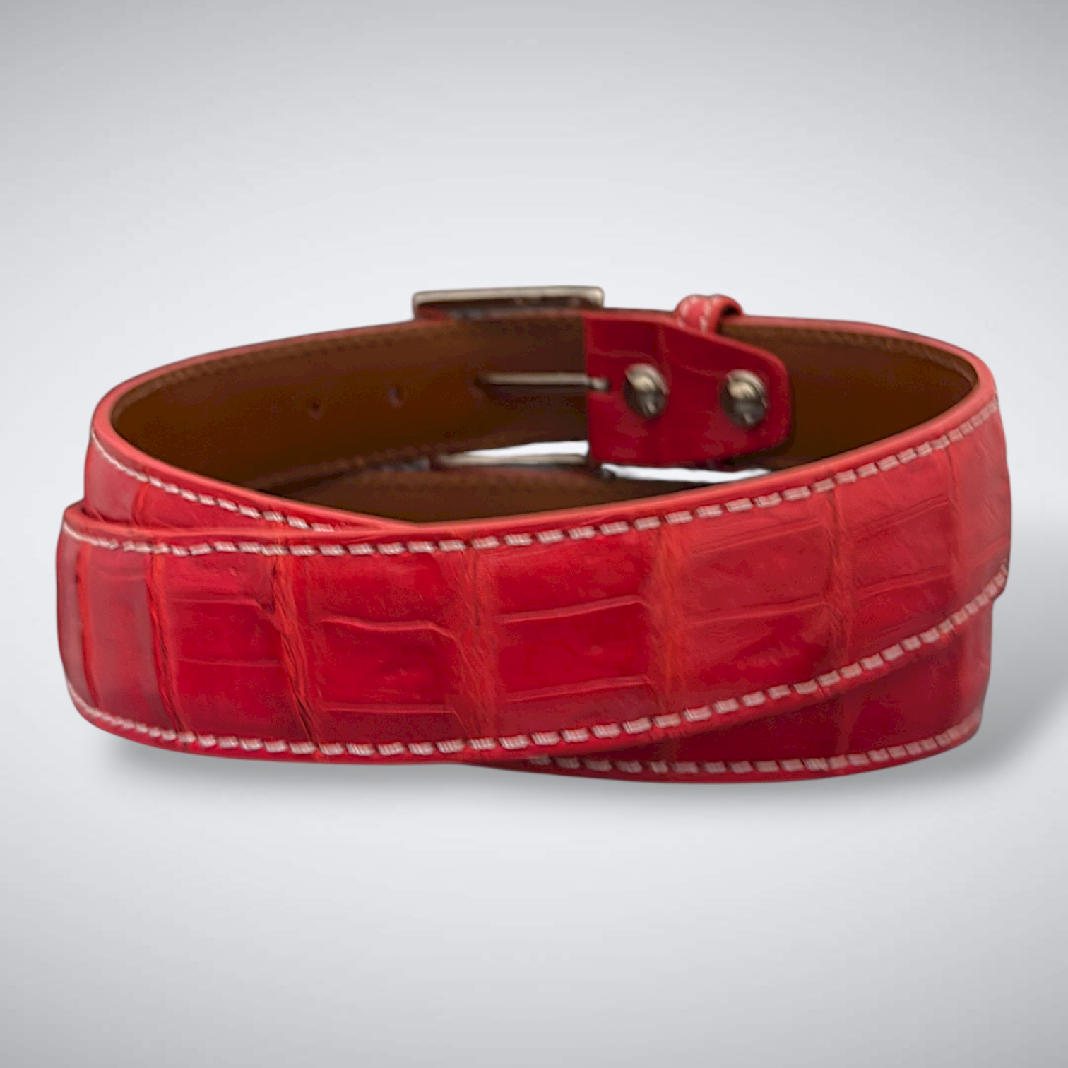 Matte Caiman Tail Belt – Valencia (Red / White Stitch)