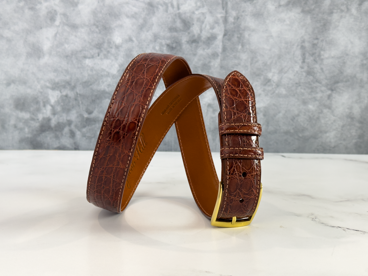 Glazed Argentine Caiman Flank Belt: Dark Cognac