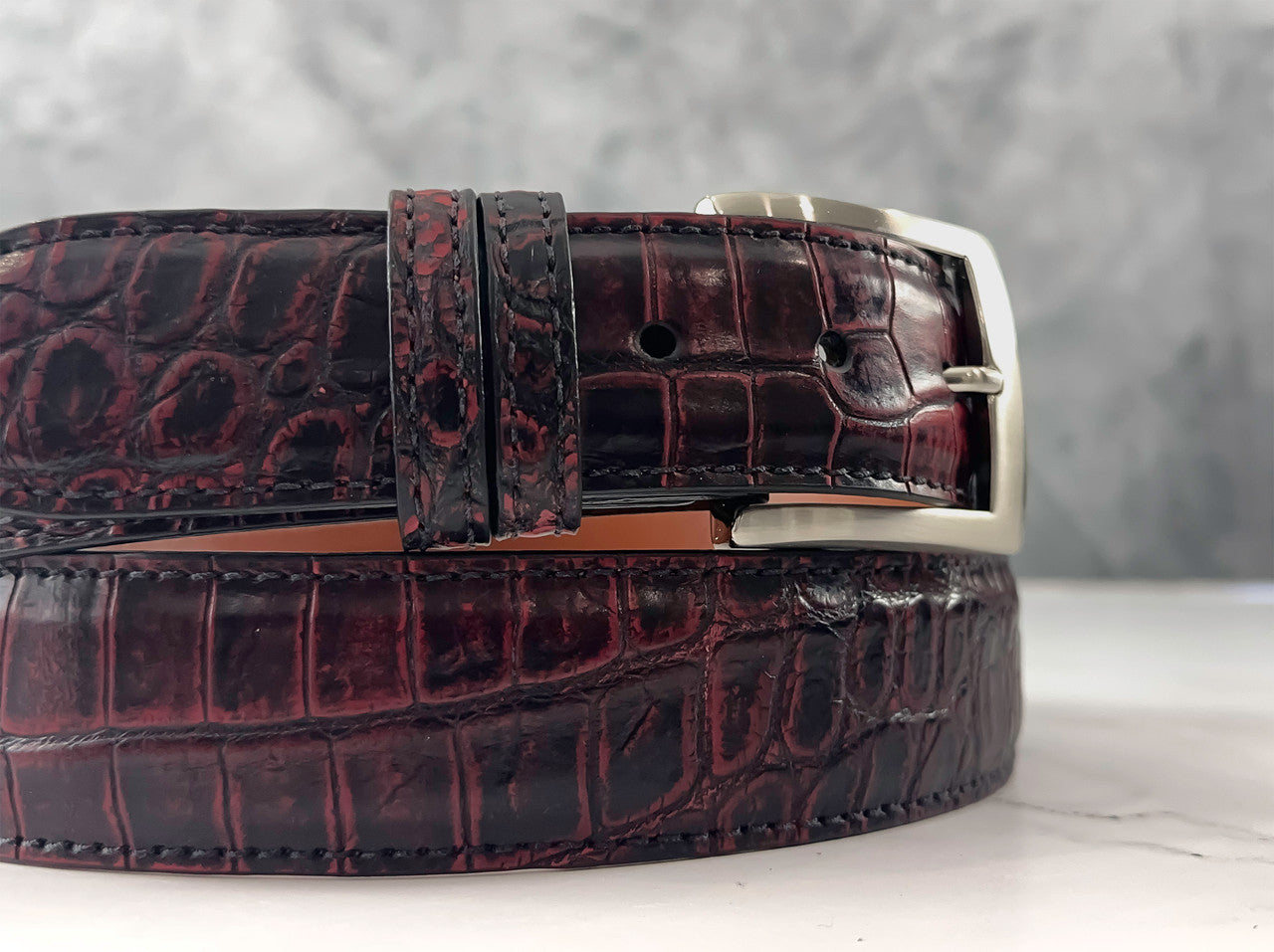 Hand-Dyed Single-Piece American Alligator Belt: Black Cherry