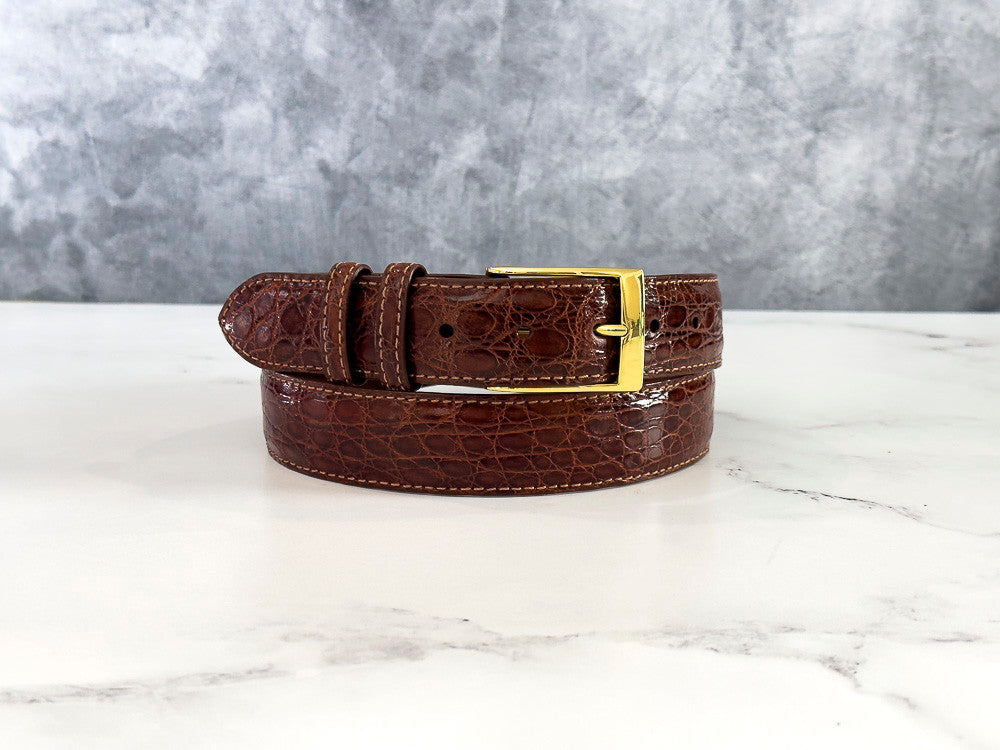 Glazed Argentine Caiman Flank Belt: Dark Cognac