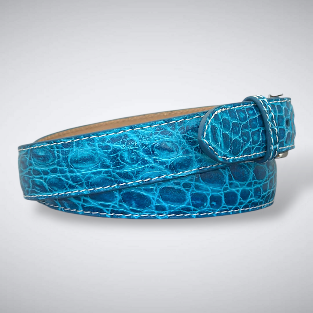 Biscayne – Blue Crocodile Belt with White Stitch