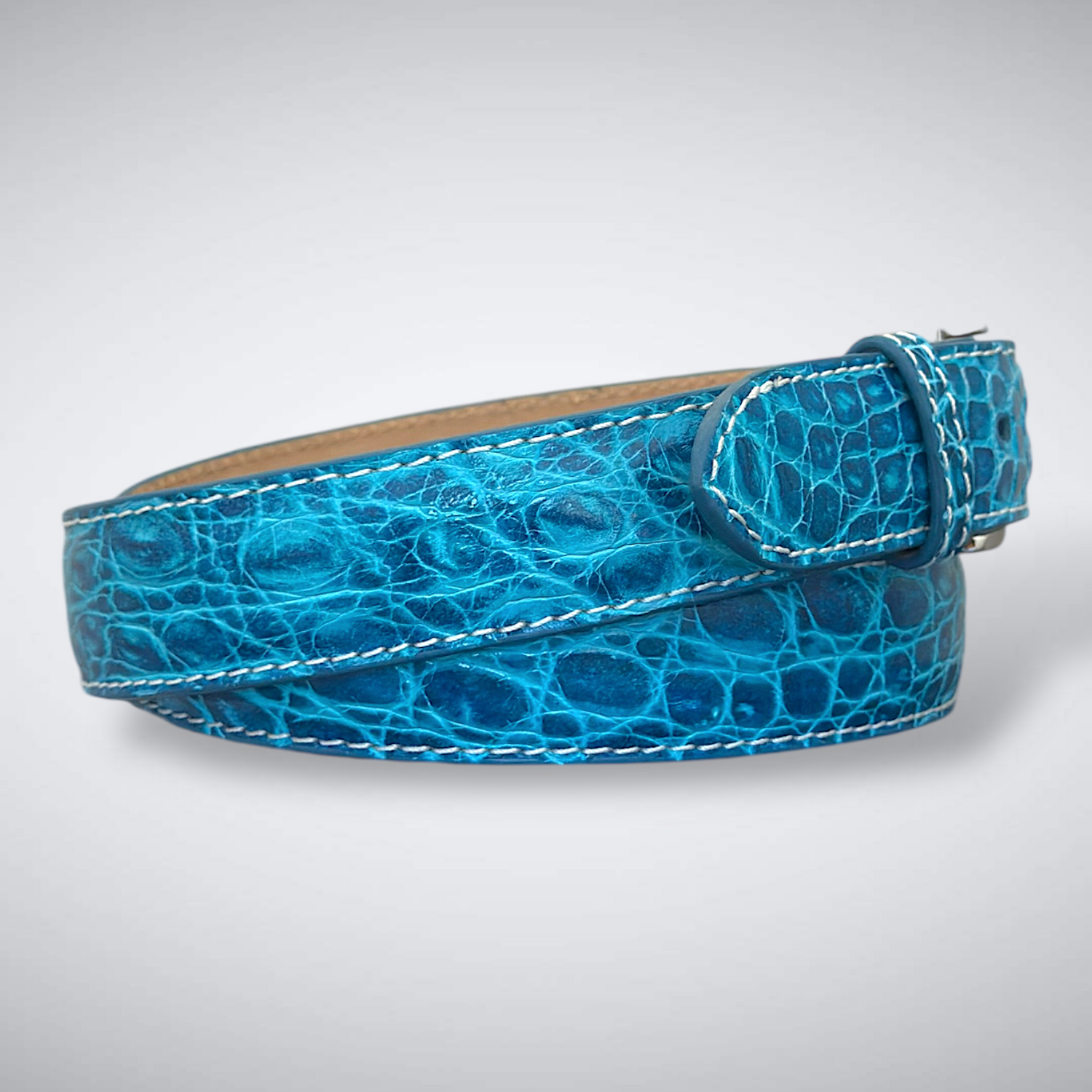 Biscayne – Blue Crocodile Belt with White Stitch