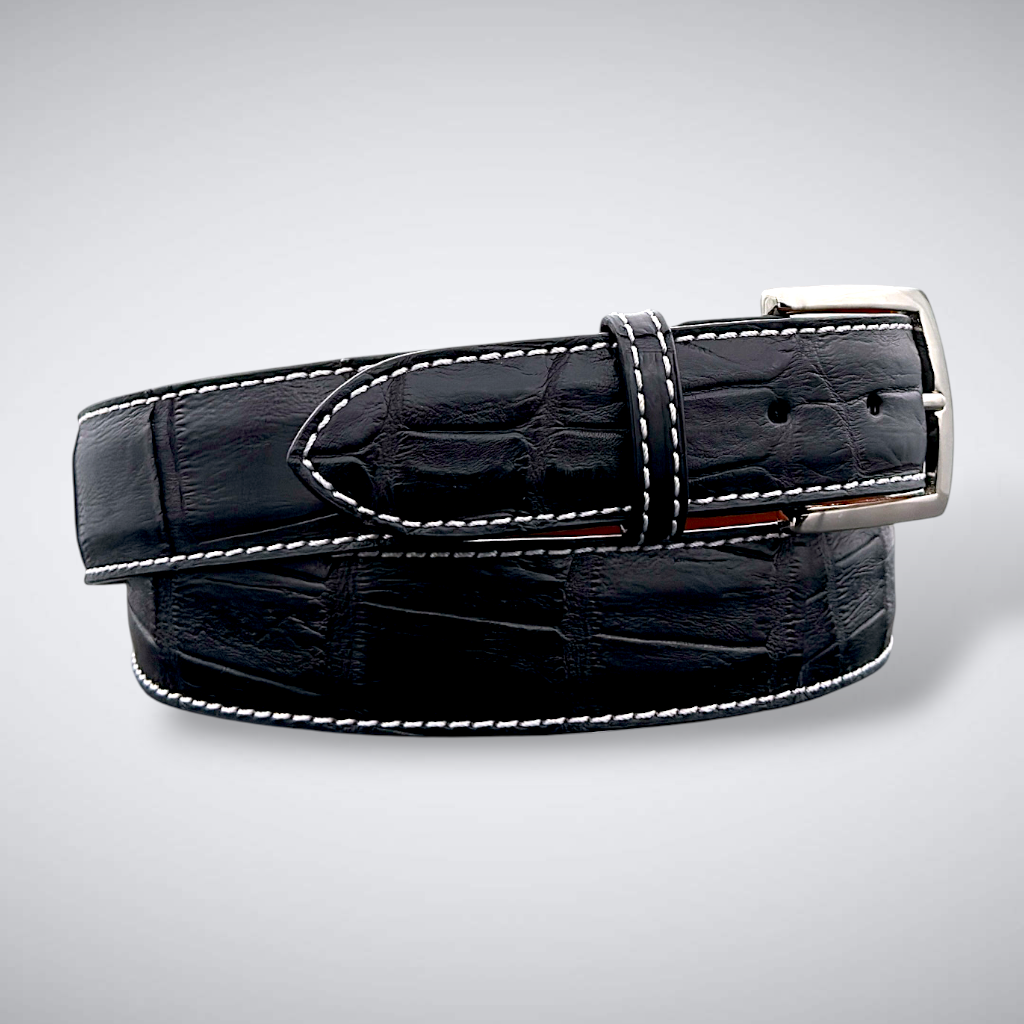 Caiman Belt — Black | Tail | White Stitch