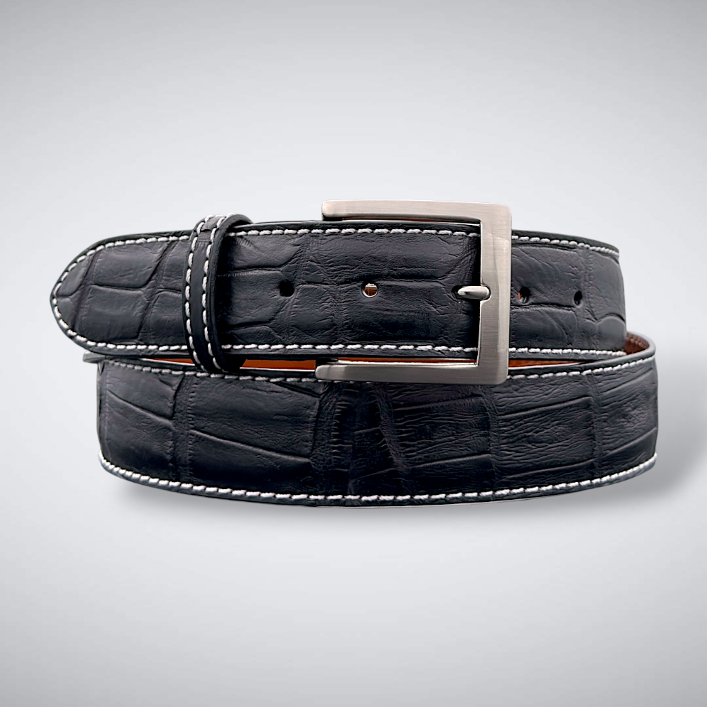 Caiman Belt — Black | Tail | White Stitch