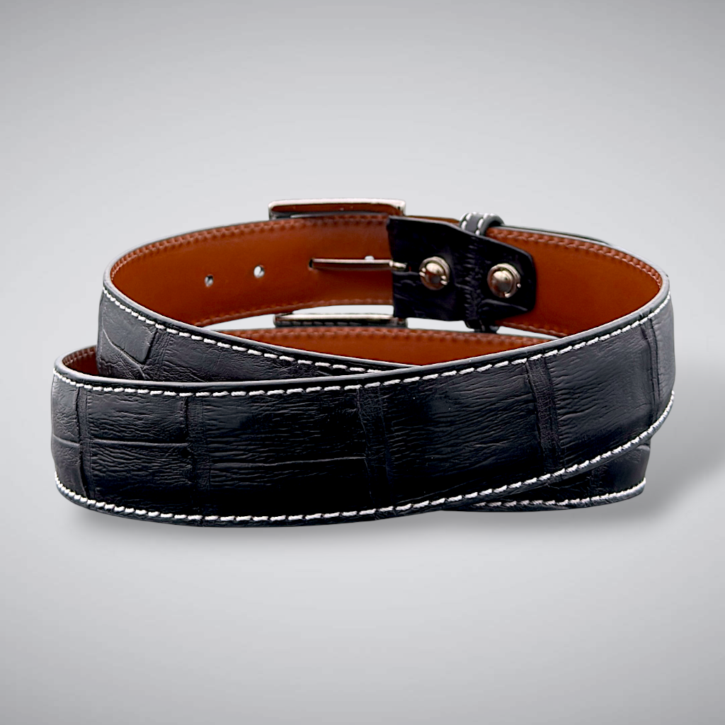 Caiman Belt — Black | Tail | White Stitch