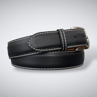 Italian Calf Belt – Nero Incontrastato (Black / White Stitch)