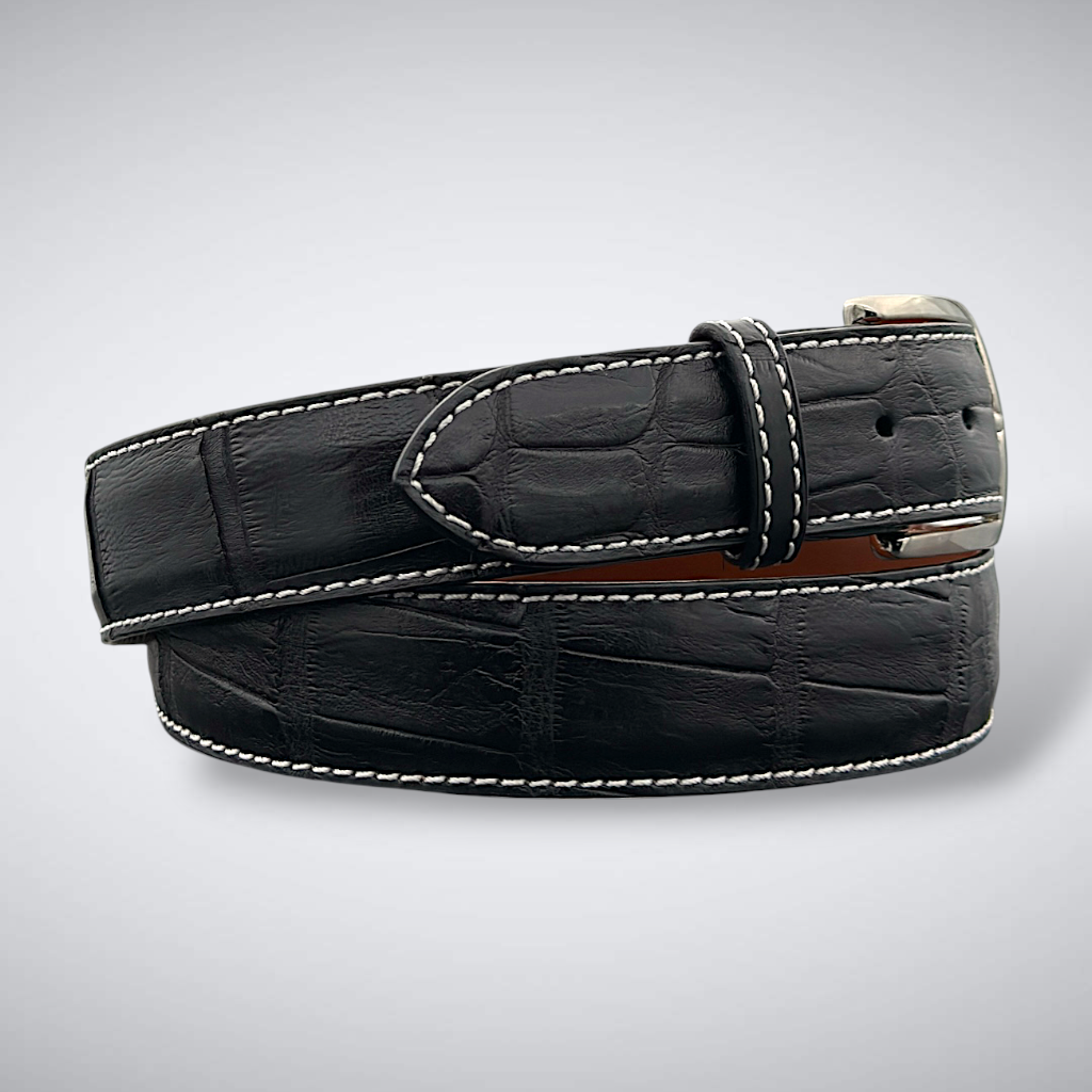Caiman Belt — Black | Tail | White Stitch