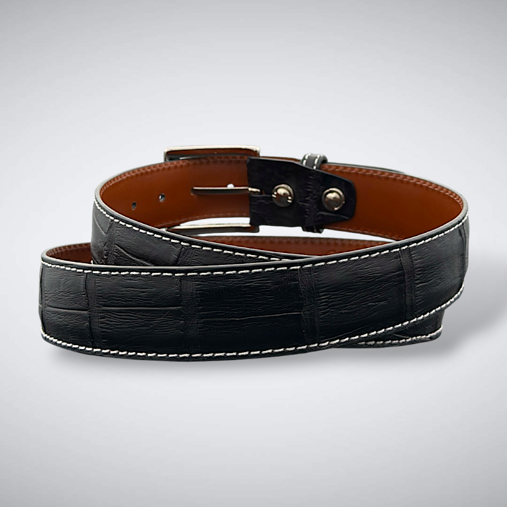 Caiman Belt — Black | Tail | White Stitch