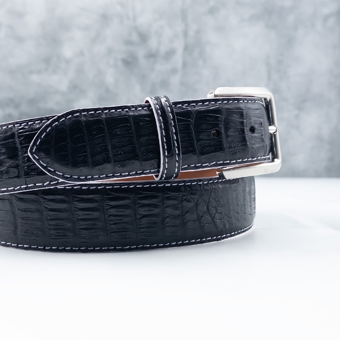 Ready To Ship Caiman Belt: Black With White Stitch and Edge (1.5&quot; Width)