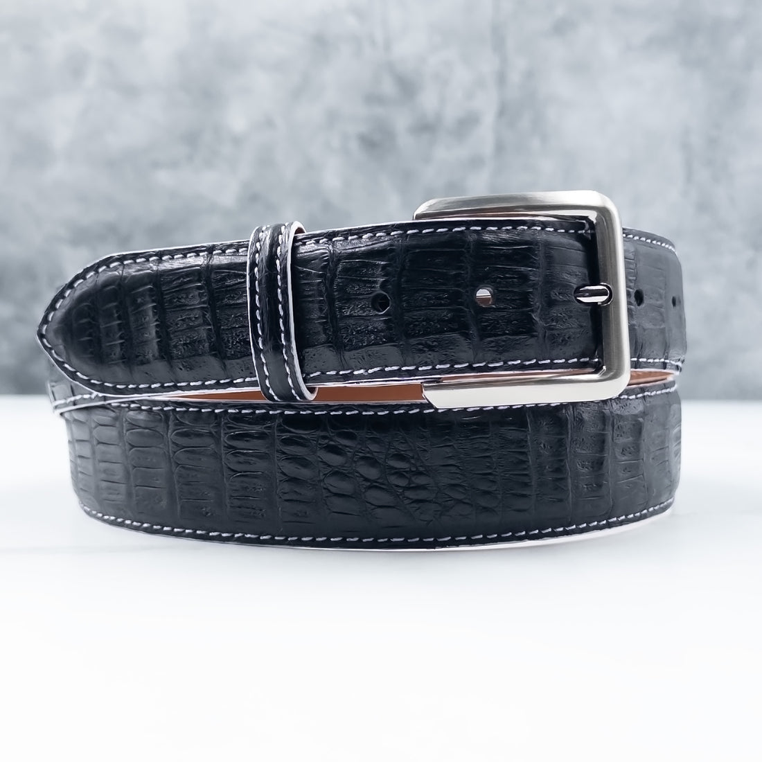 Ready To Ship Caiman Belt: Black With White Stitch and Edge (1.5&quot; Width)