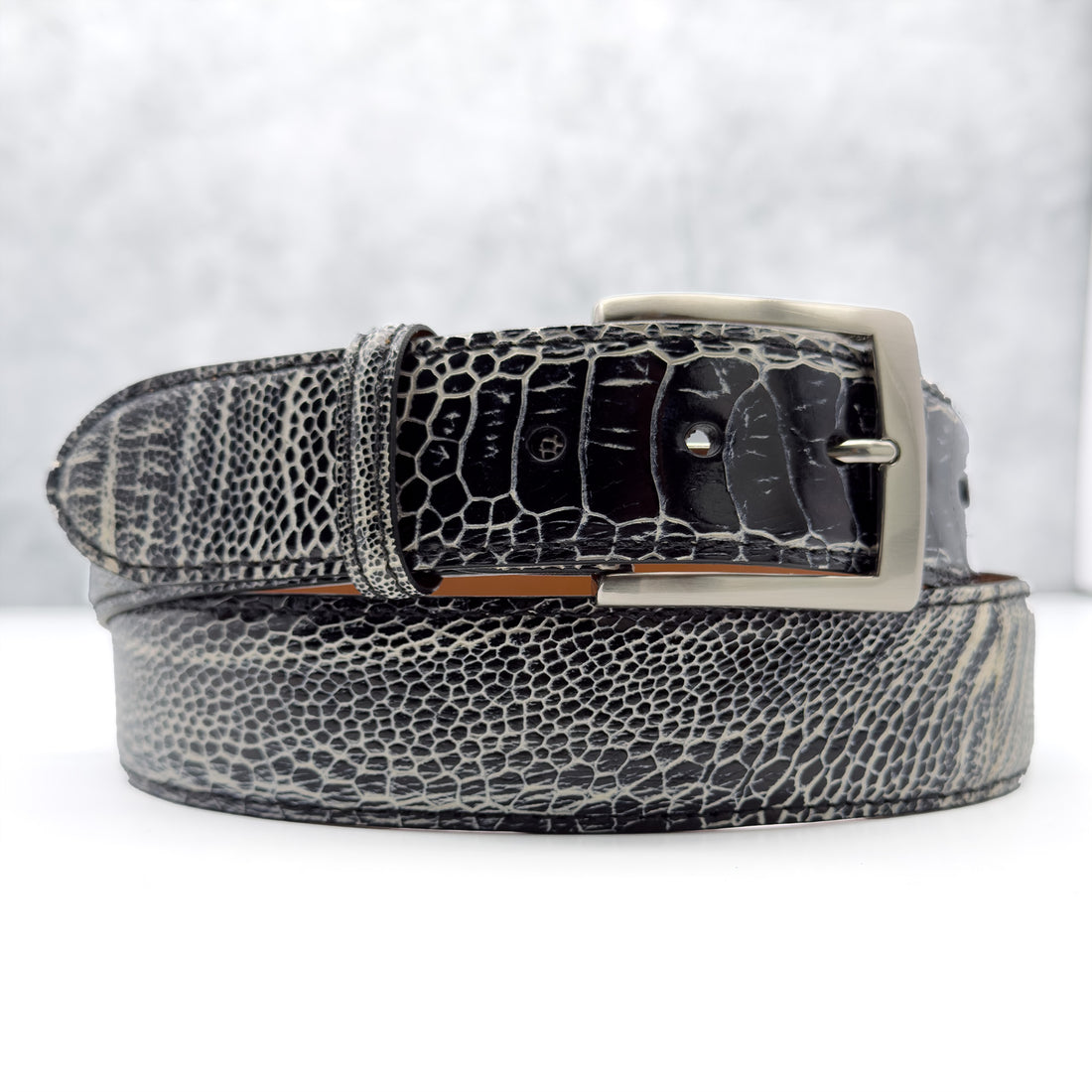 Ostrich Shin Belt: Black White Two Tone