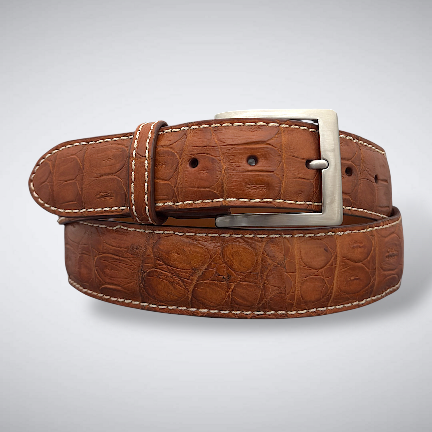 Matte Caiman Tail Belt – Brera (Cognac / Khaki Stitch)